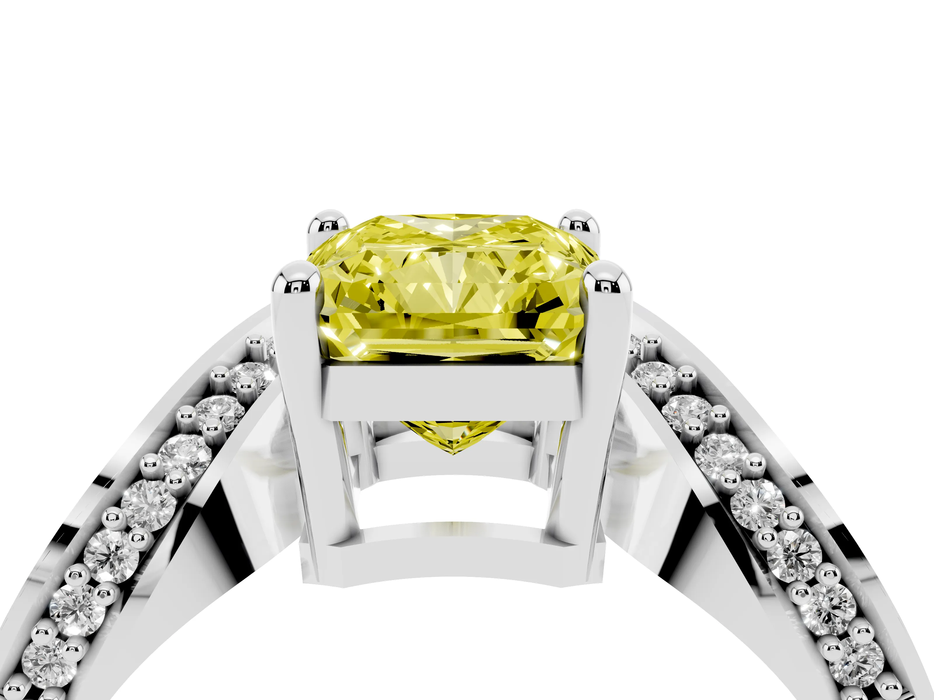 Fancy Yellow Radiant Cut Diamond Solitaire Engagement Ring Set in Platinum with Pavé Shoulders