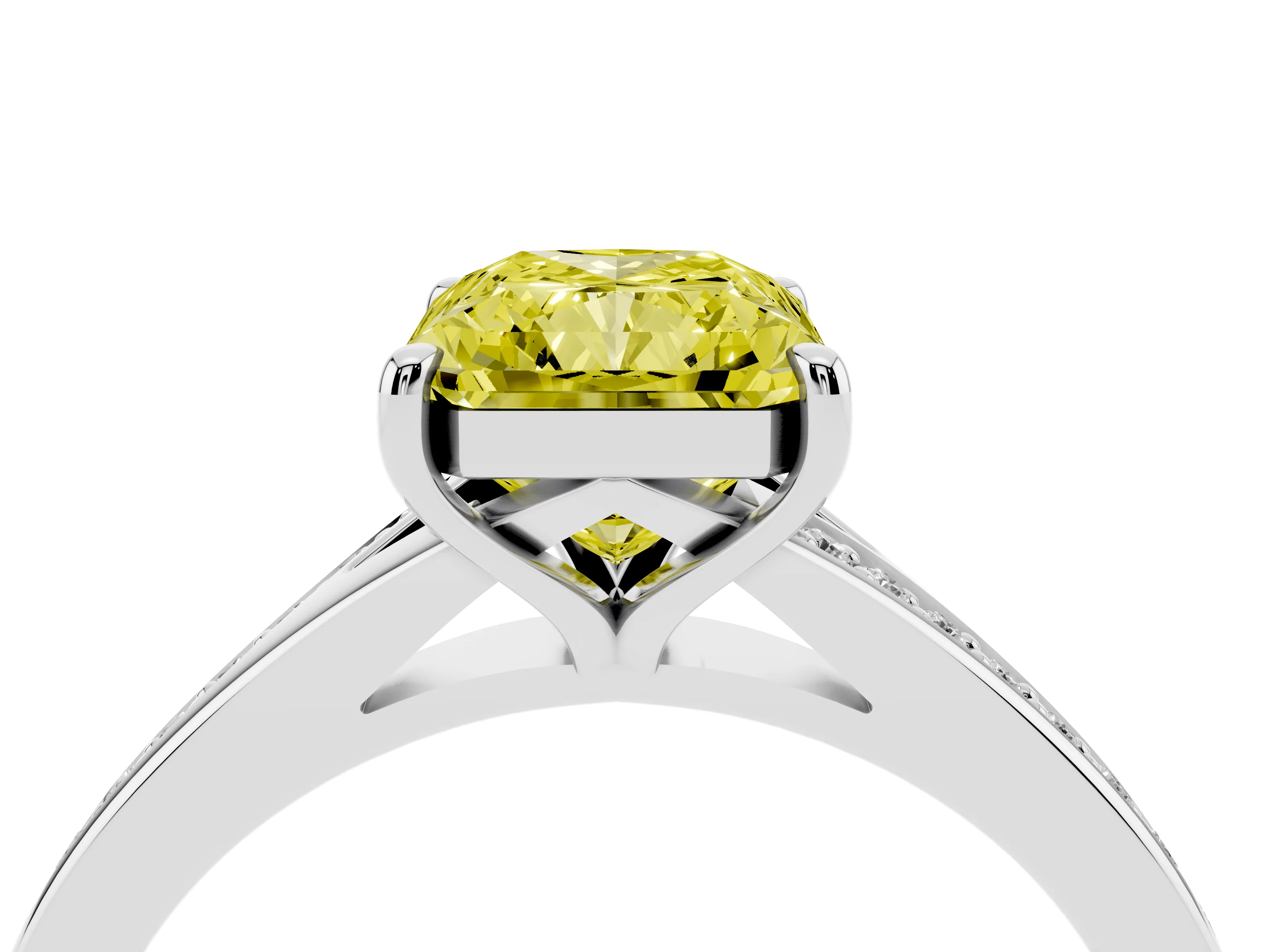 Fancy Yellow Radiant Cut Diamond Solitaire Ring Set in Platinum with Pavé Accent Band and Classic Prong Setting