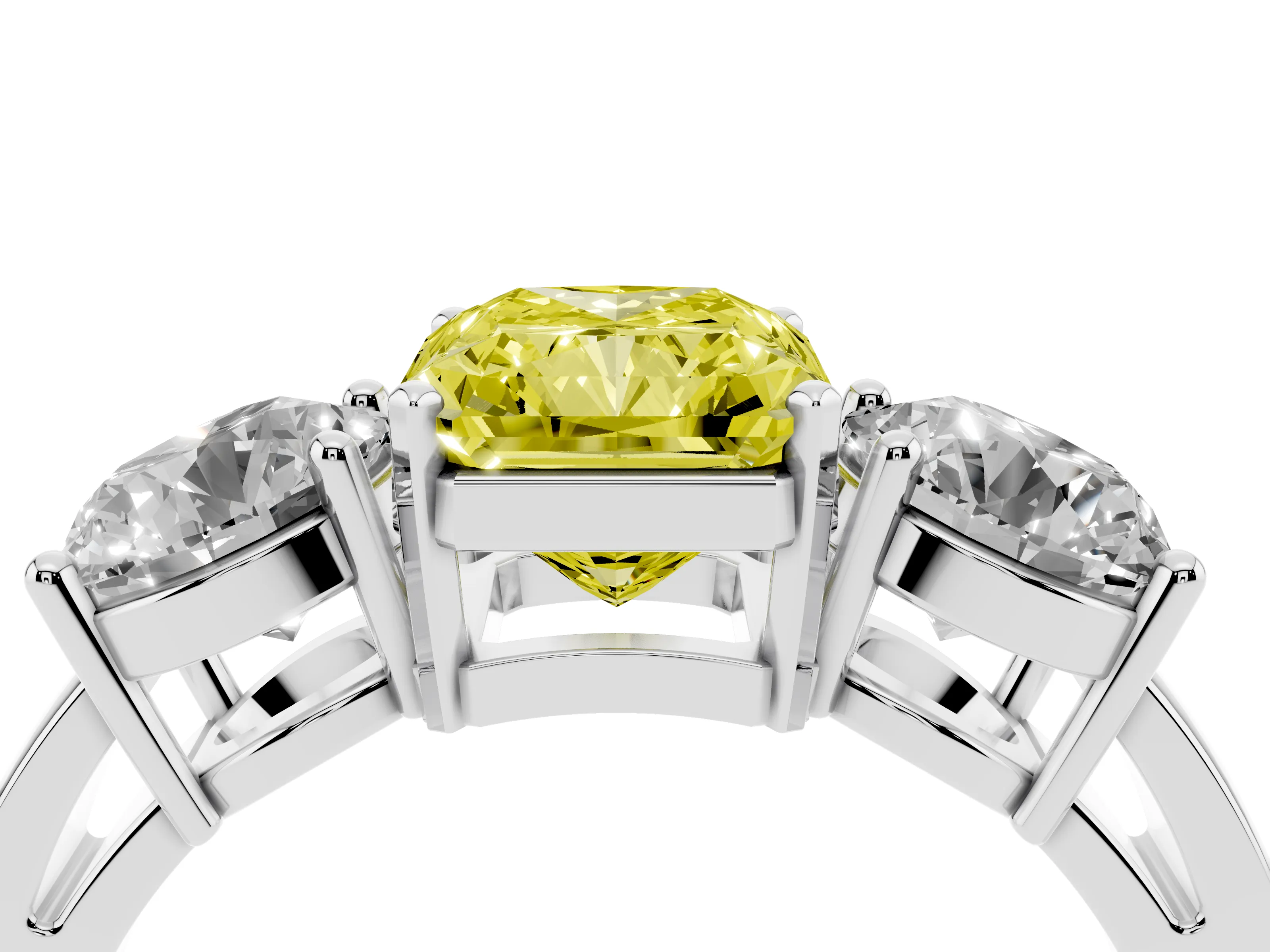 Fancy Yellow Radiant Cut Diamond Three-Stone Ring Set in Silver with Round Side Stones and Classic Band