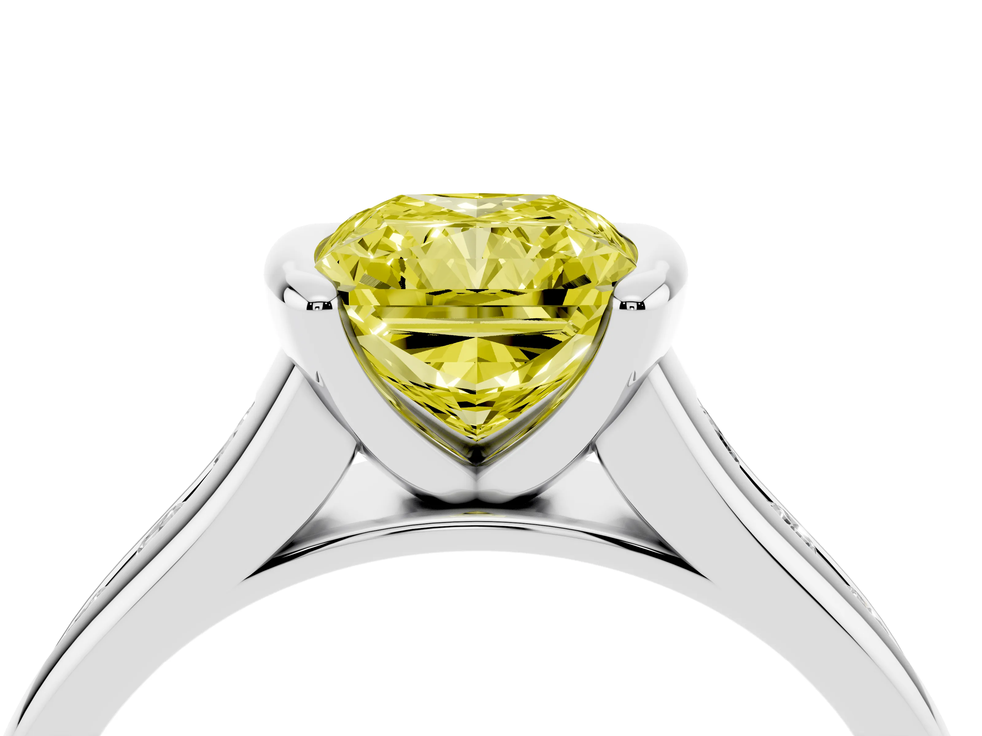 Fancy Yellow Radiant Cut Diamond Bezel-Set Solitaire Ring Set in White gold with Channel-Set Band