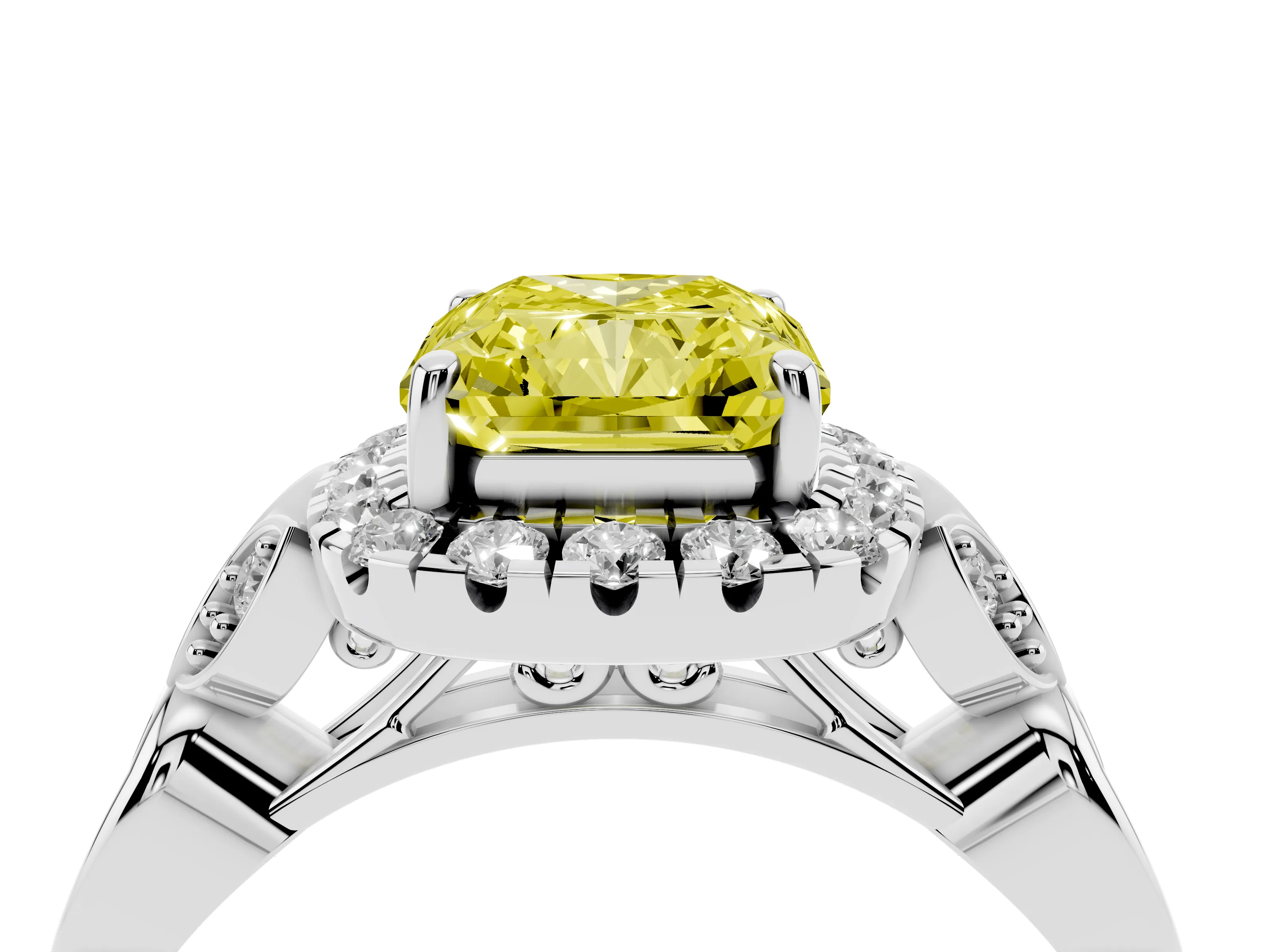 Fancy Yellow Radiant Cut Diamond Halo Engagement Ring Set in White gold with Vintage-Inspired Band and Prong Setting