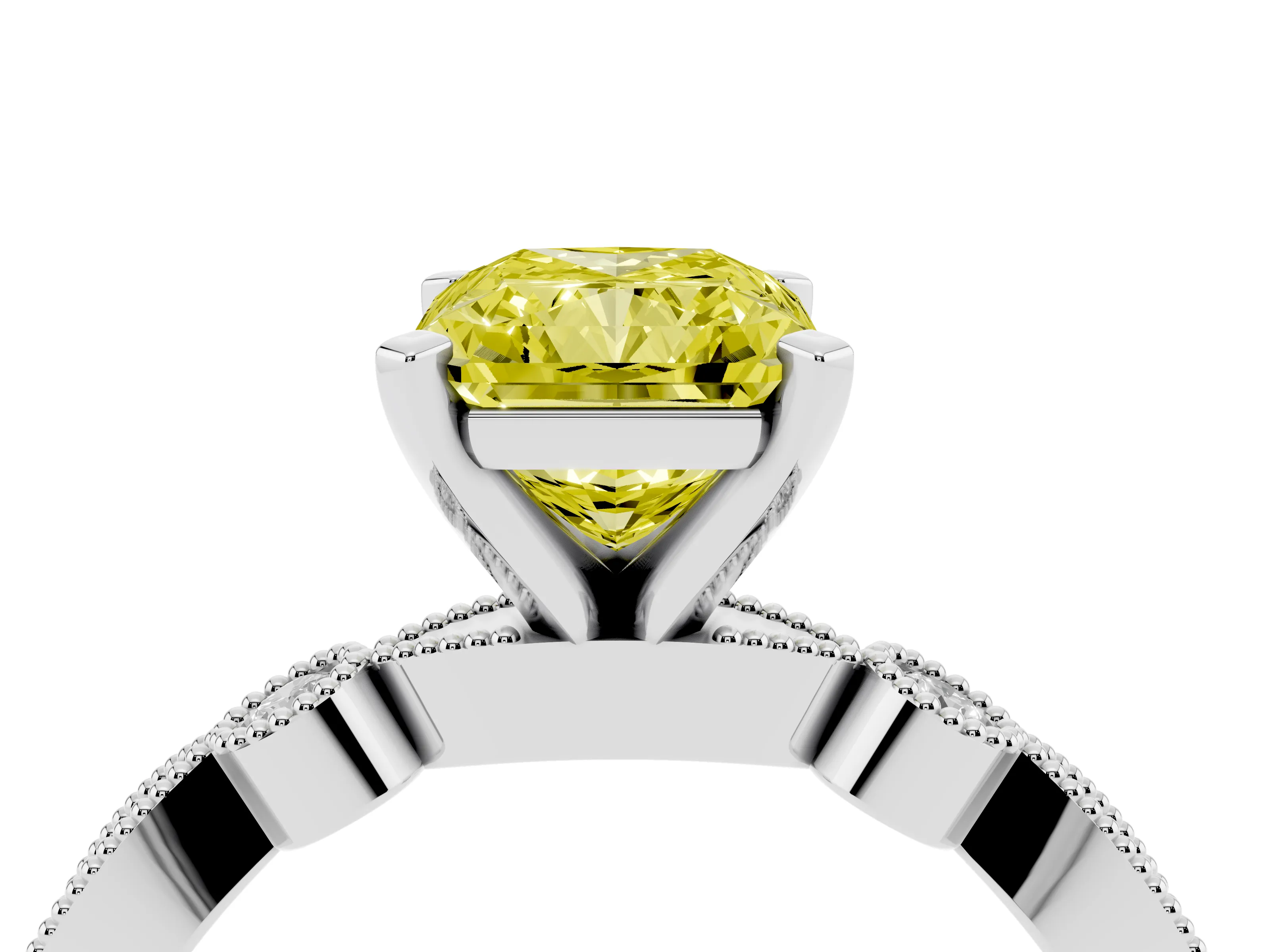 Fancy Yellow Radiant Cut Diamond Solitaire Engagement Ring Set in White gold with Milgrain Bezel Accent Band