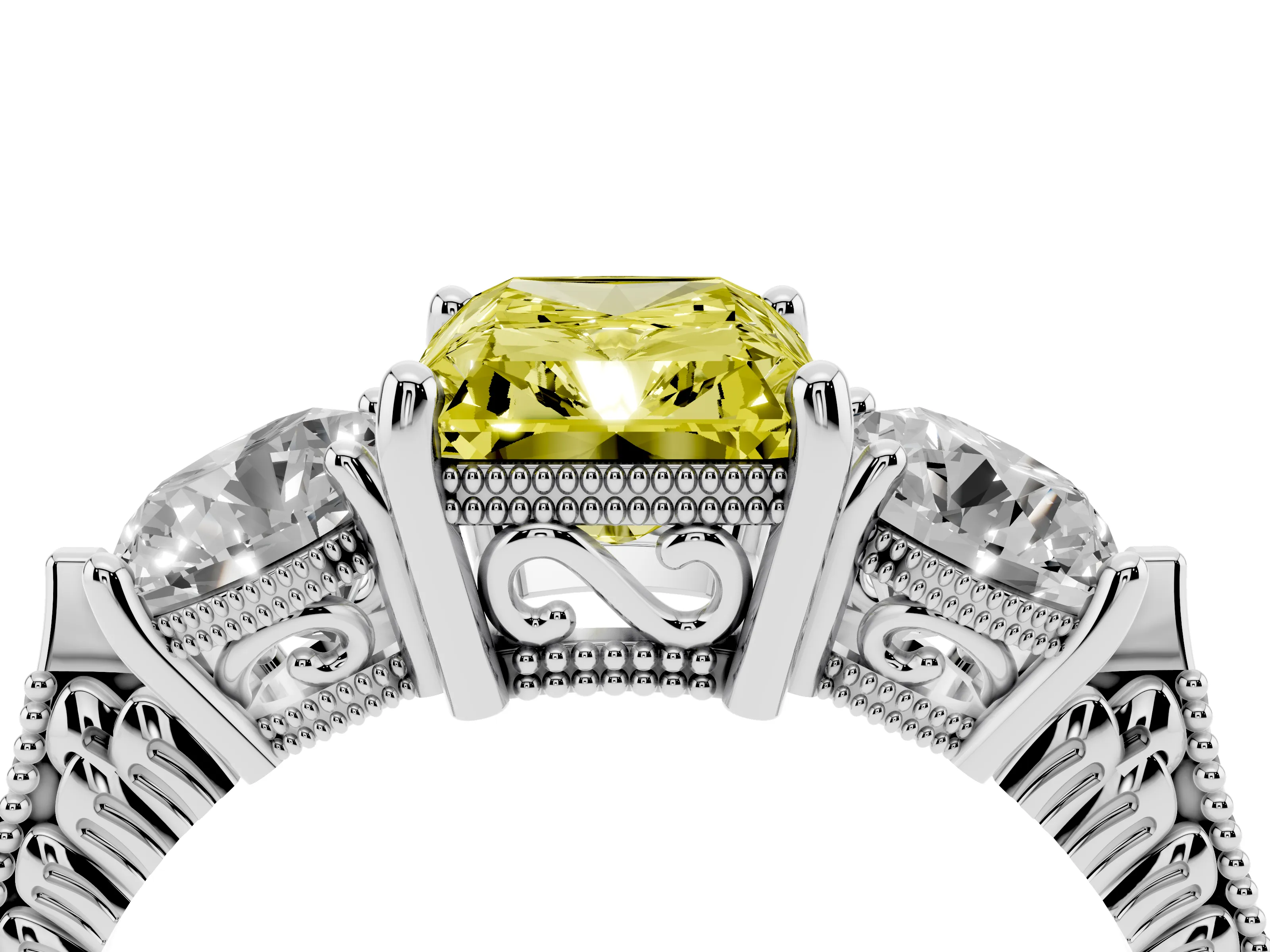 Fancy Yellow Radiant Cut Diamond Three-Stone Ring Set in Silver with Milgrain Band