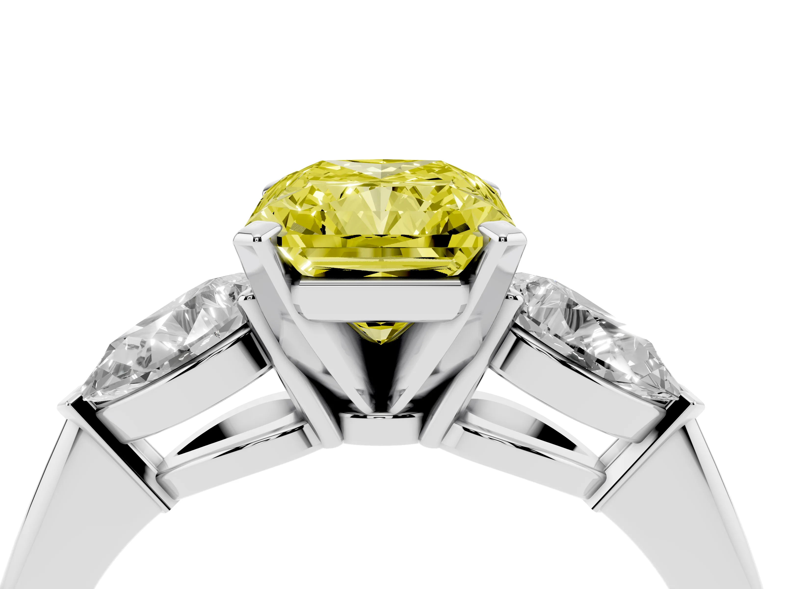 Fancy Yellow Three-Stone Radiant Cut Diamond Ring Set in Platinum with Pear Side Stones and Prong Setting