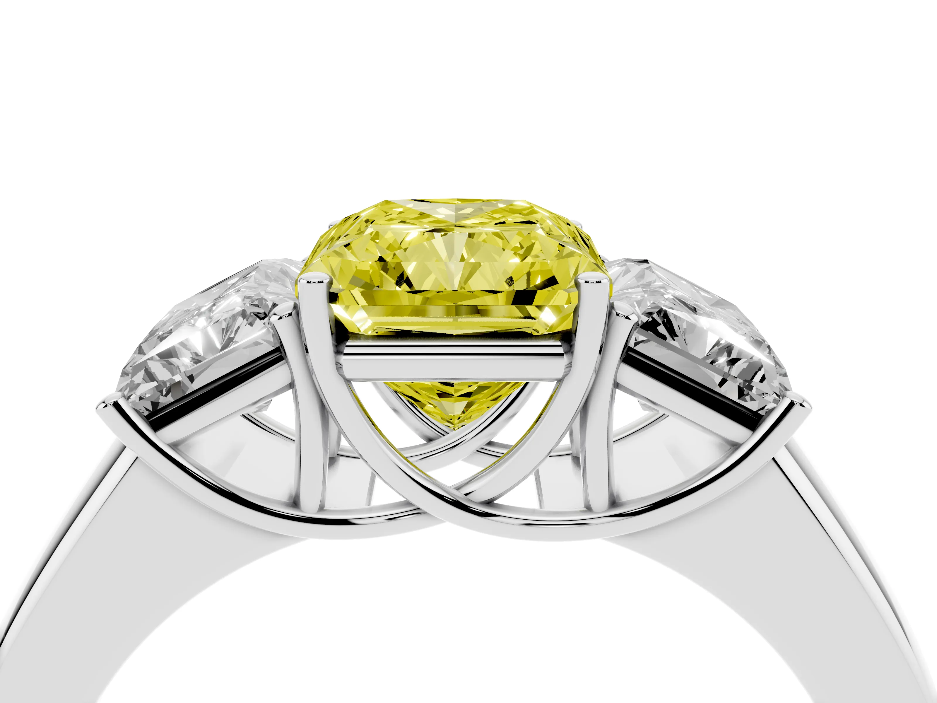 Fancy Yellow Three-Stone Radiant Cut Diamond Ring Set in Silver with Matching Prong Settings and Plain Band