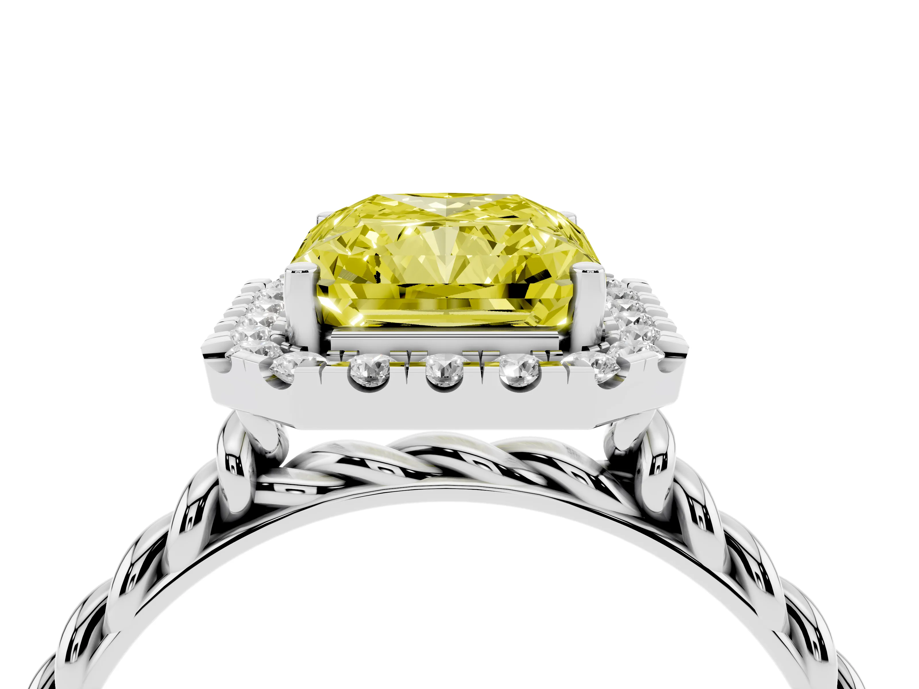 Fancy Yellow Radiant Cut Diamond Halo Ring Set in Platinum with Plain Twisted Band