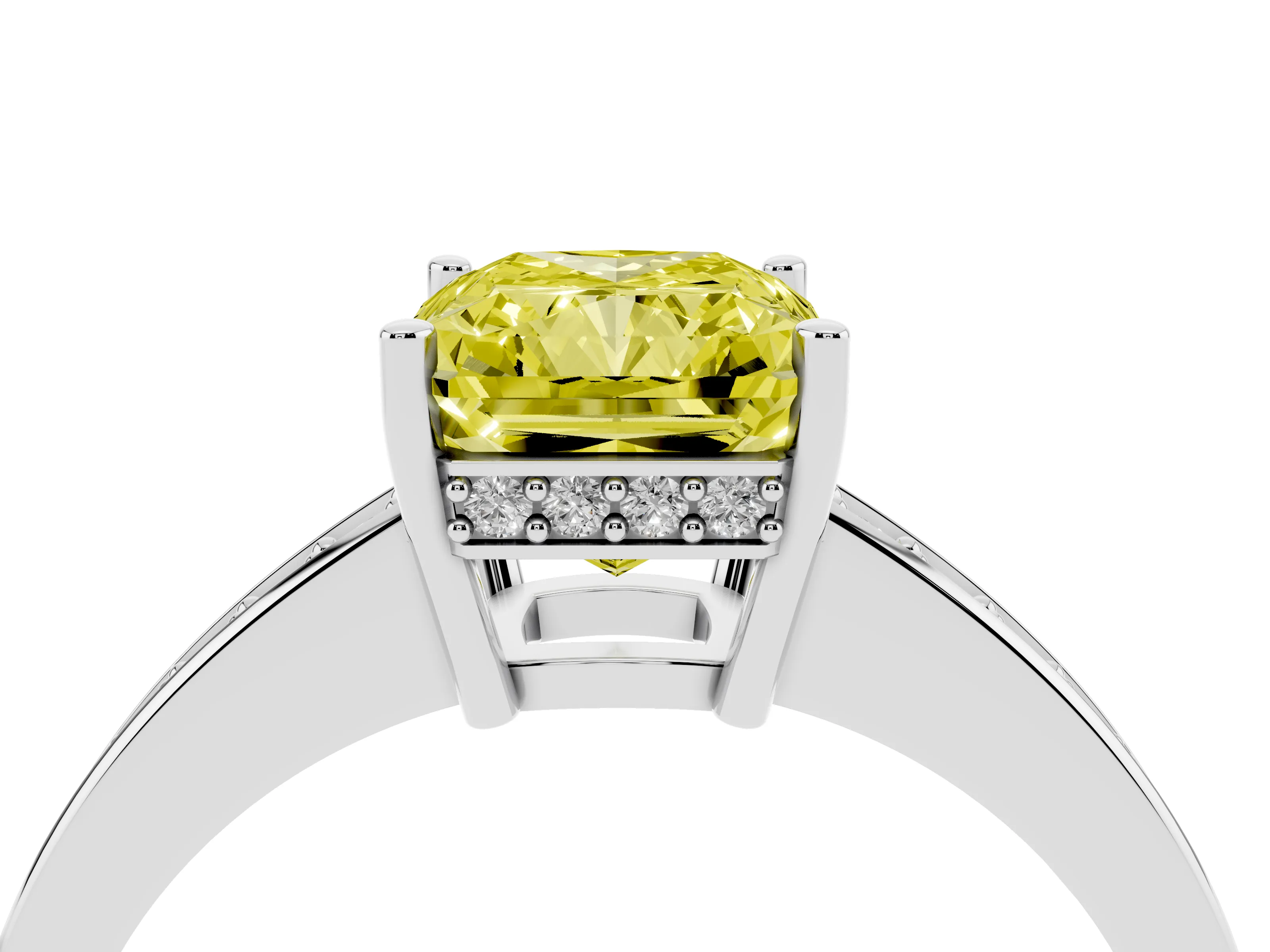Fancy Yellow Radiant Cut Diamond Pavé Band Prong Set Solitaire Ring Set in Platinum