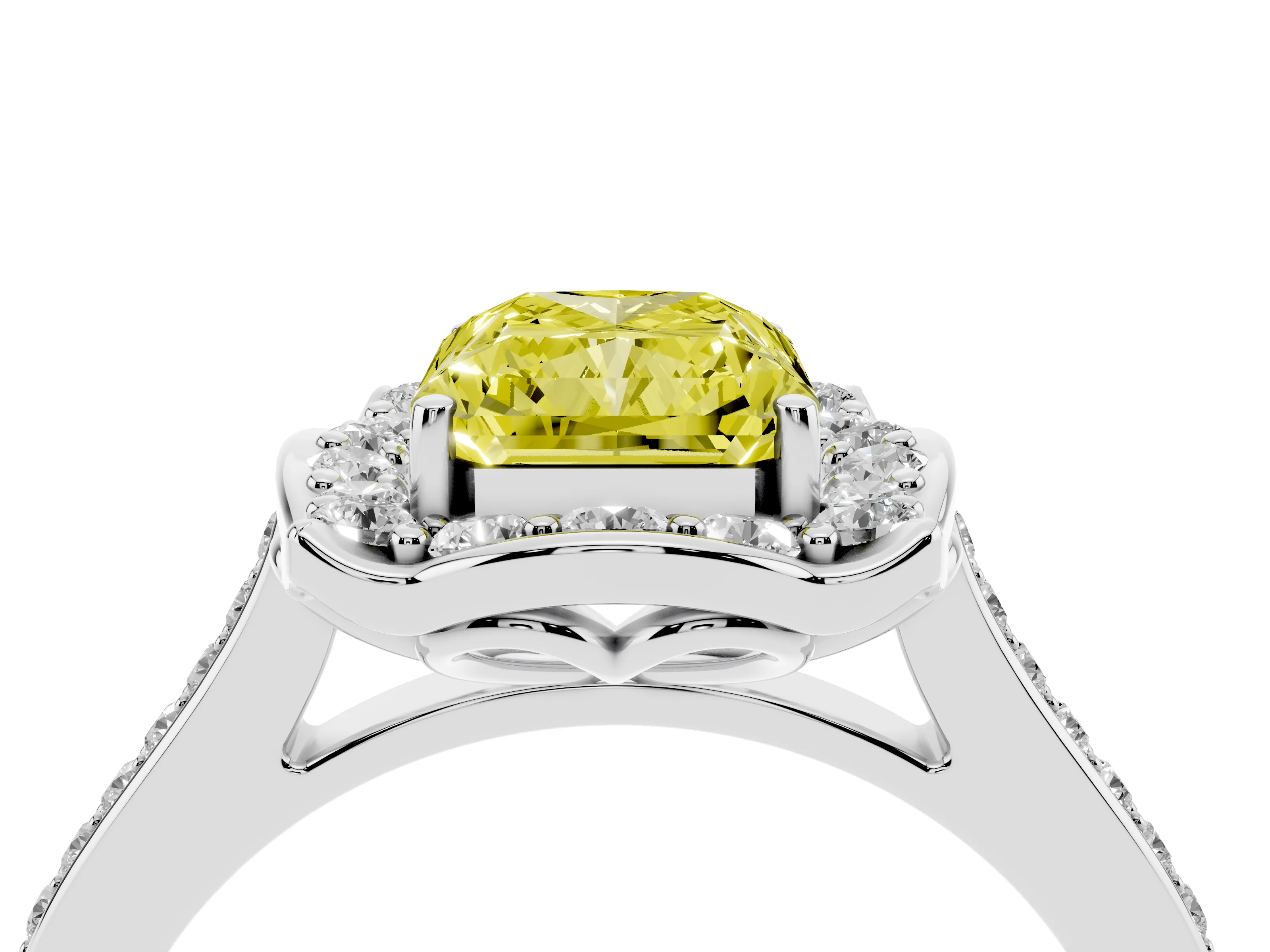 Fancy Yellow Radiant Cut Diamond Halo Ring Set in White gold with Pavé-Lined Shoulders and Prong Setting