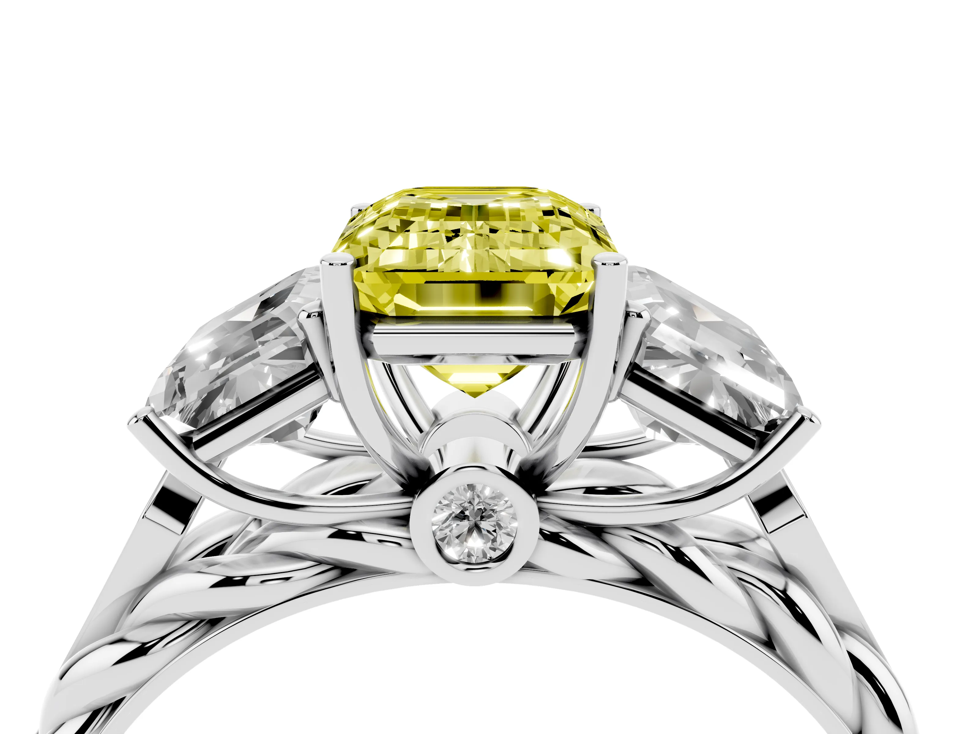 Fancy Yellow Radiant Cut Diamond Three-Stone Ring Set in Platinum with Braided Band