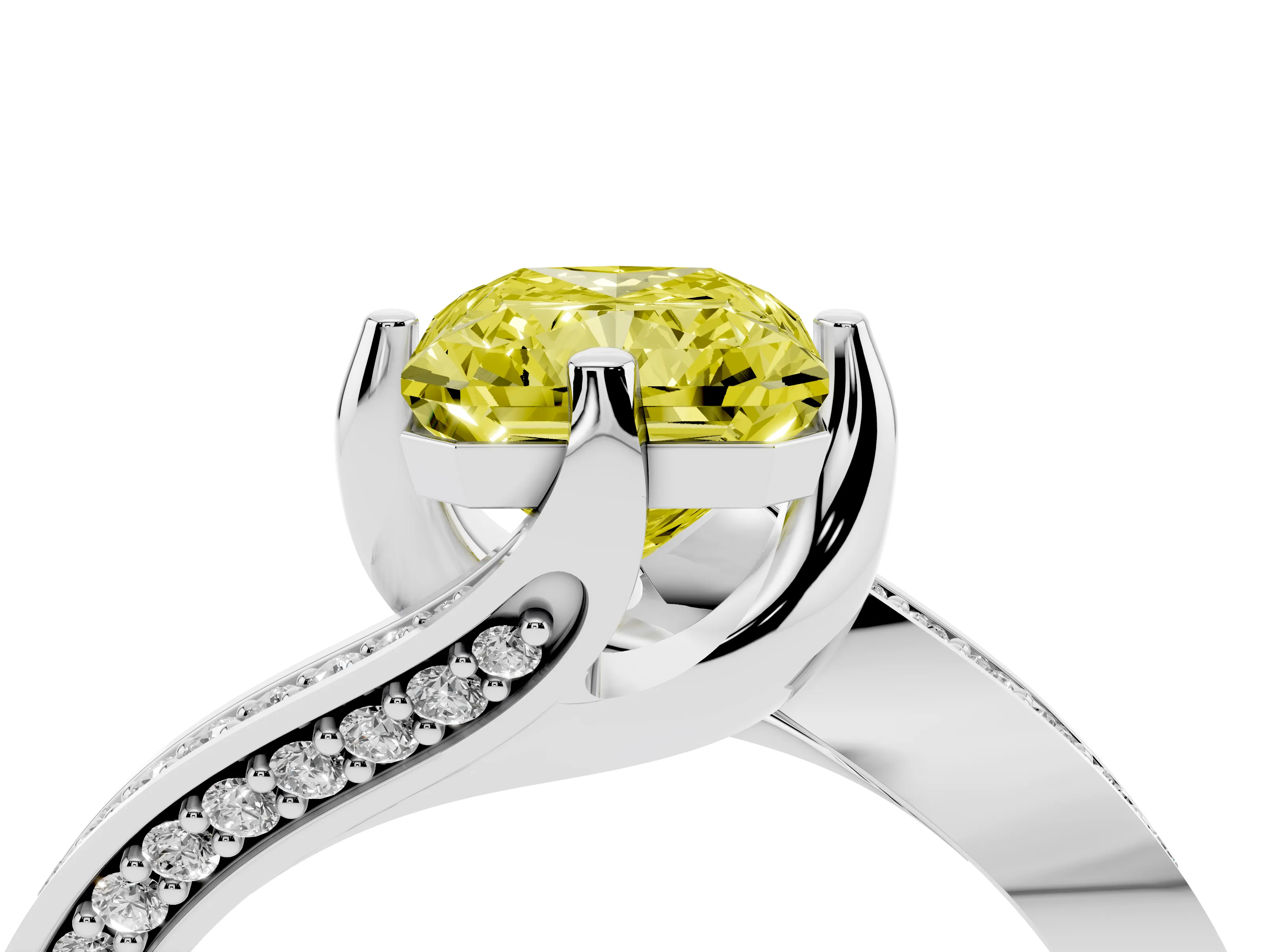 Fancy Yellow Radiant Cut Diamond Solitaire Ring Set in Silver with Intertwined Pavé Twist Band