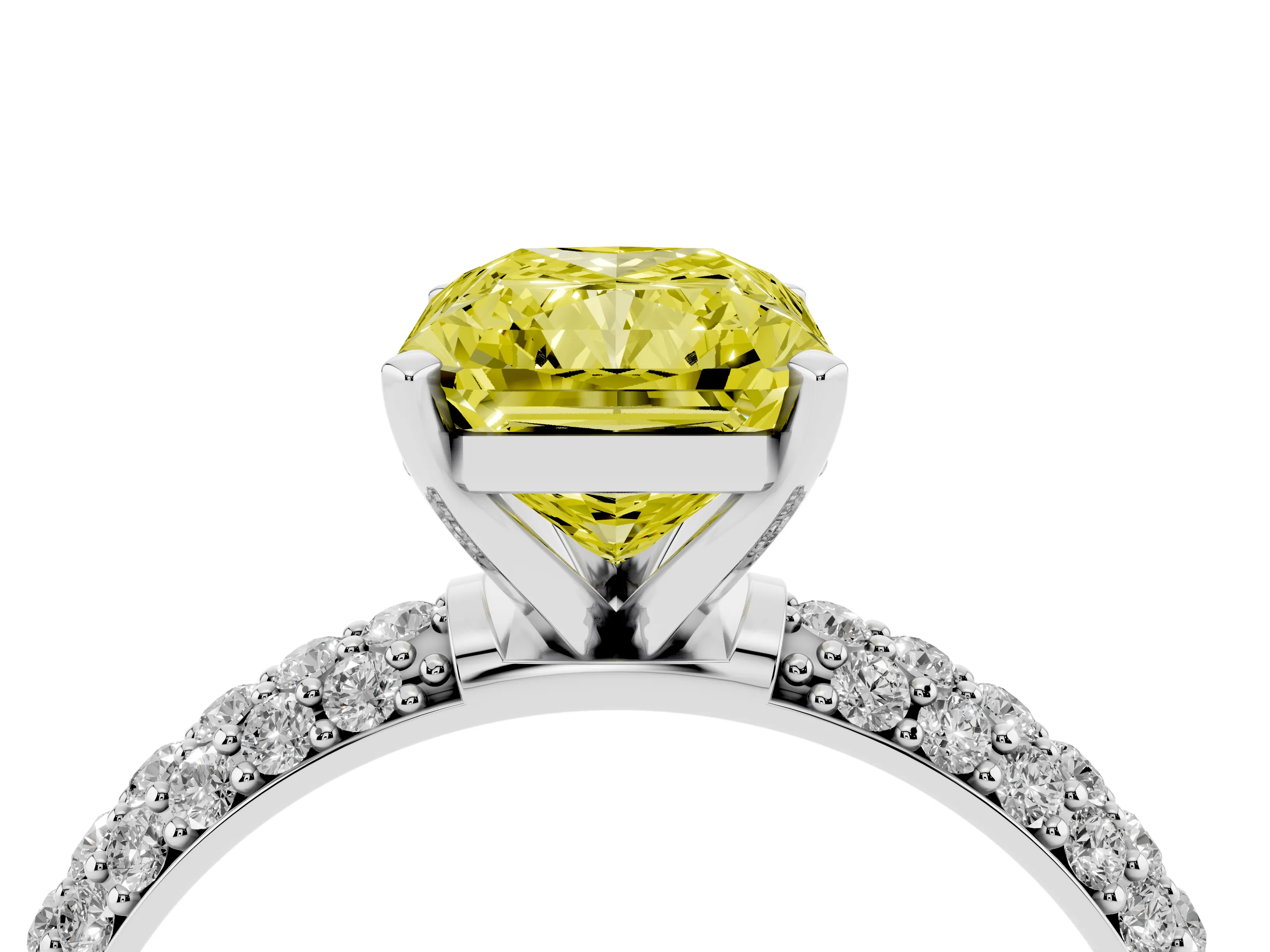 Fancy Yellow Radiant Cut Diamond Solitaire Ring Set in Silver with Prong Setting and Pavé-Set Band