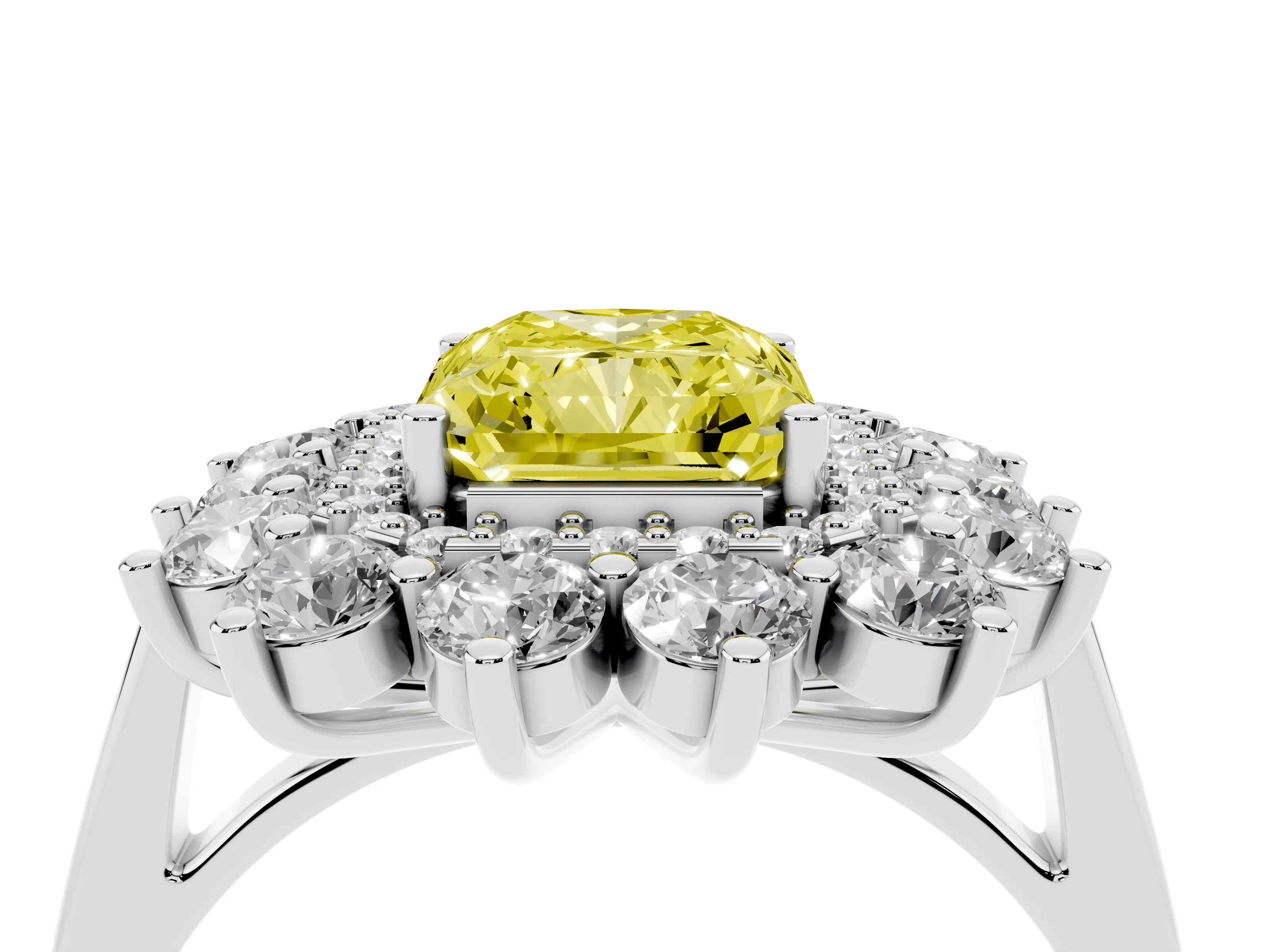 Fancy Yellow Radiant Cut Diamond Floral Double Halo Ring Set in White gold with Round Petals