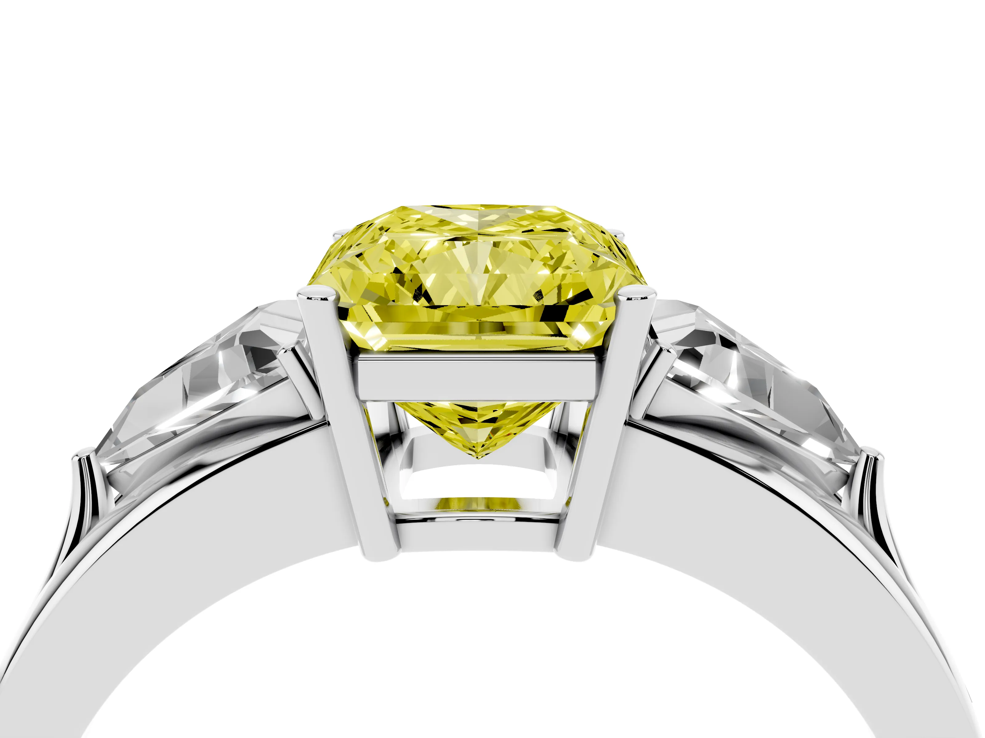 Fancy Yellow Radiant Cut Diamond Three-Stone Ring Set in White gold with Trillion Side Stones and Split Shank