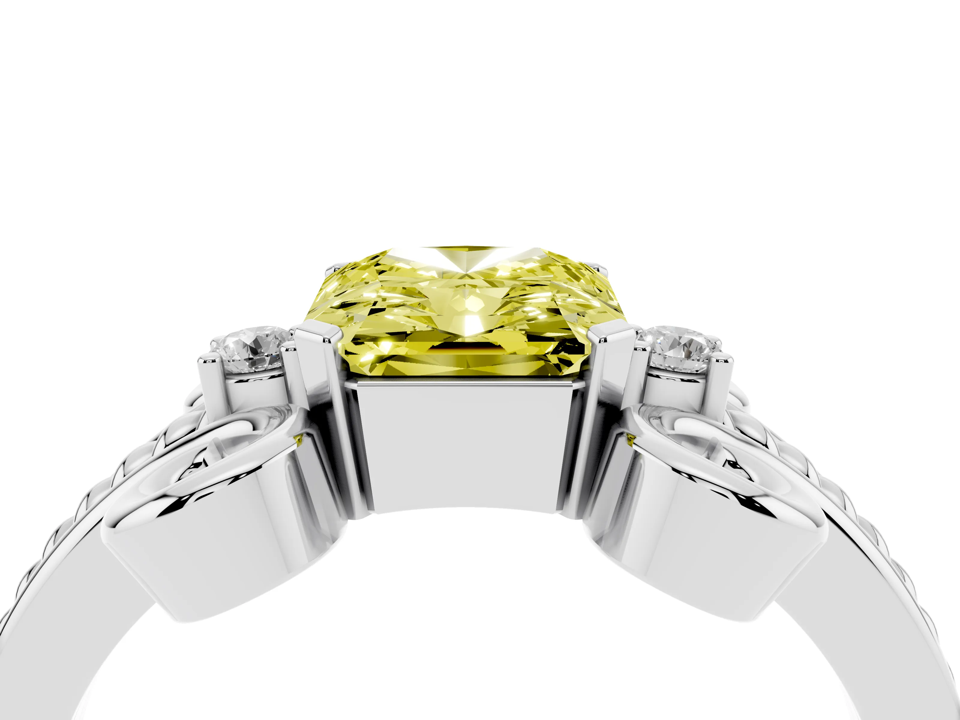 Fancy Yellow Radiant Cut Diamond Twisted Band Solitaire Ring Set in Platinum with Scroll Prongs