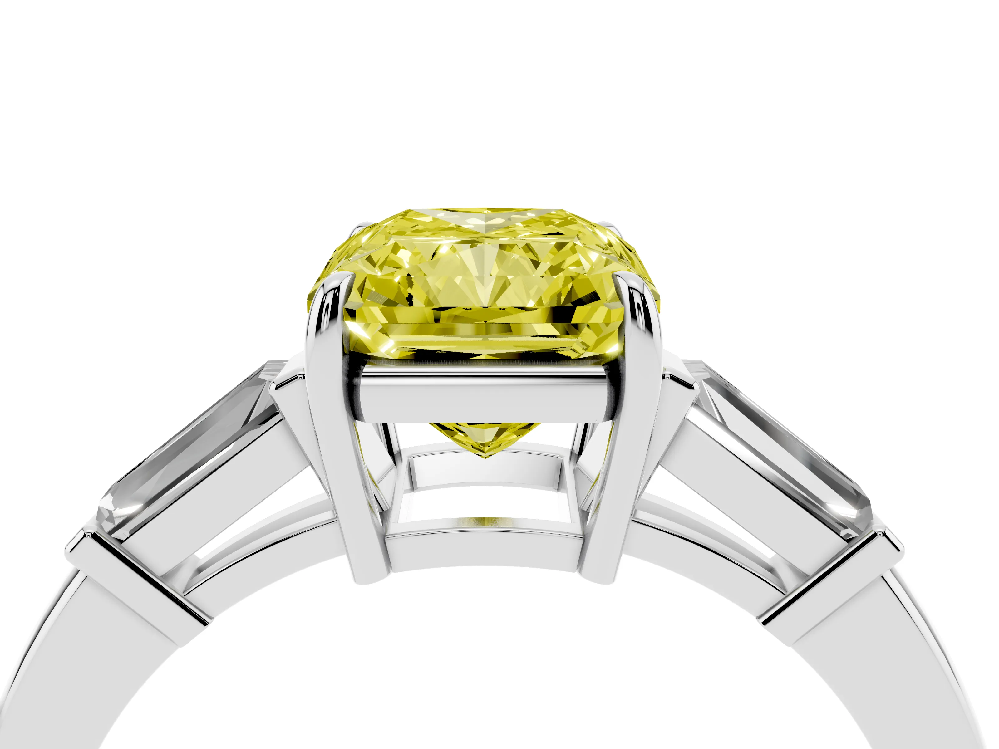 Fancy Yellow Radiant Cut Diamond Three-Stone Ring Set in Platinum with Tapered Baguette Side Stones and Prong Setting