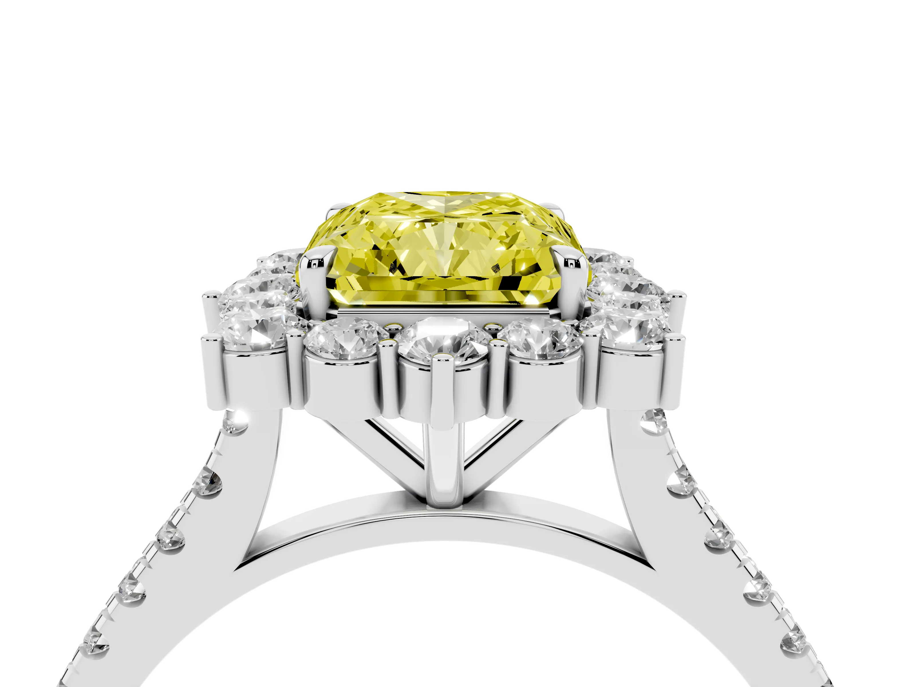 Fancy Yellow Radiant Cut Diamond Halo Ring Set in Platinum with Pavé Band and Prong Setting