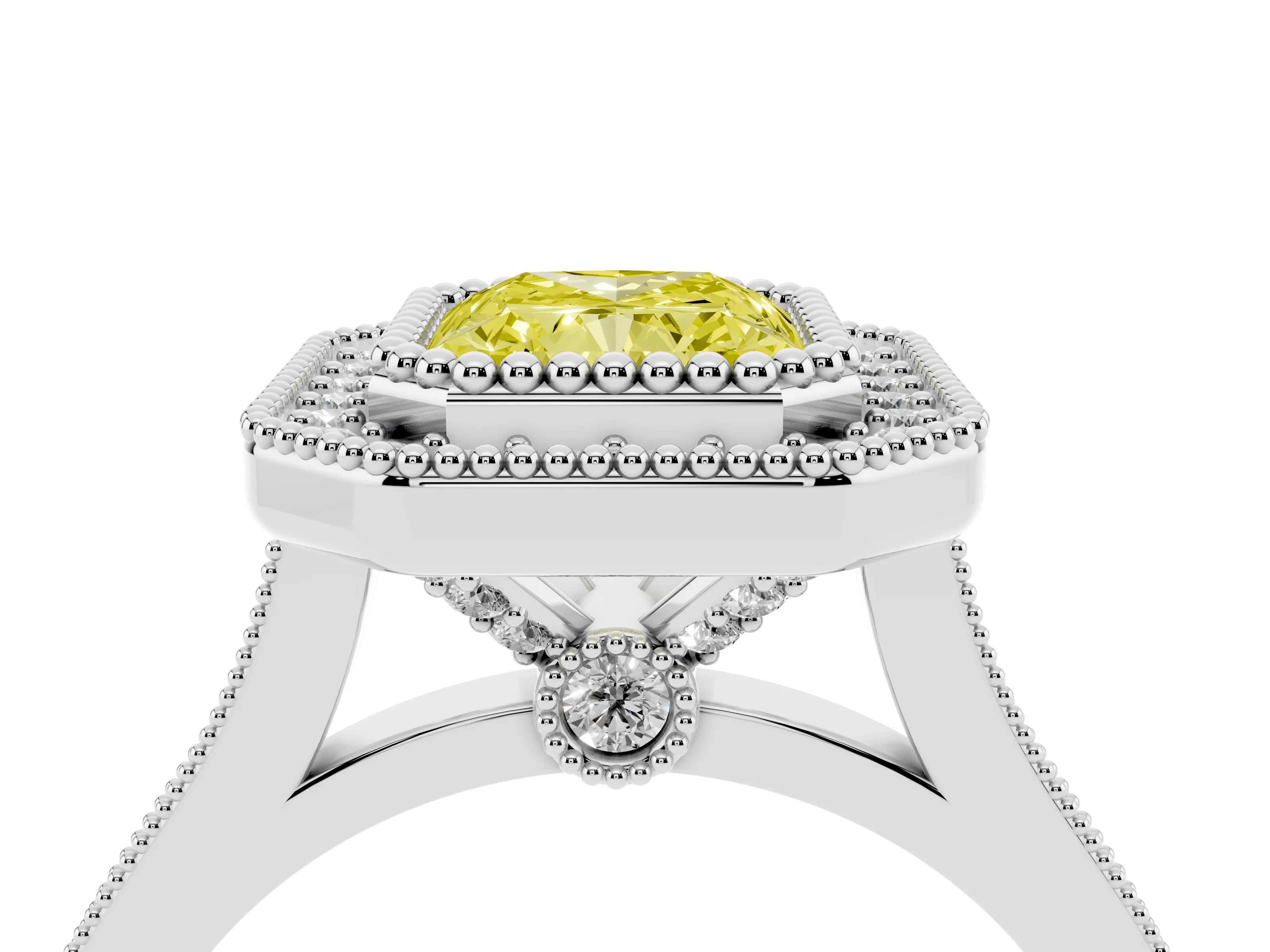 Fancy Yellow Radiant Cut Diamond Halo Ring Set in Silver with Milgrain Frame and Pavé Band