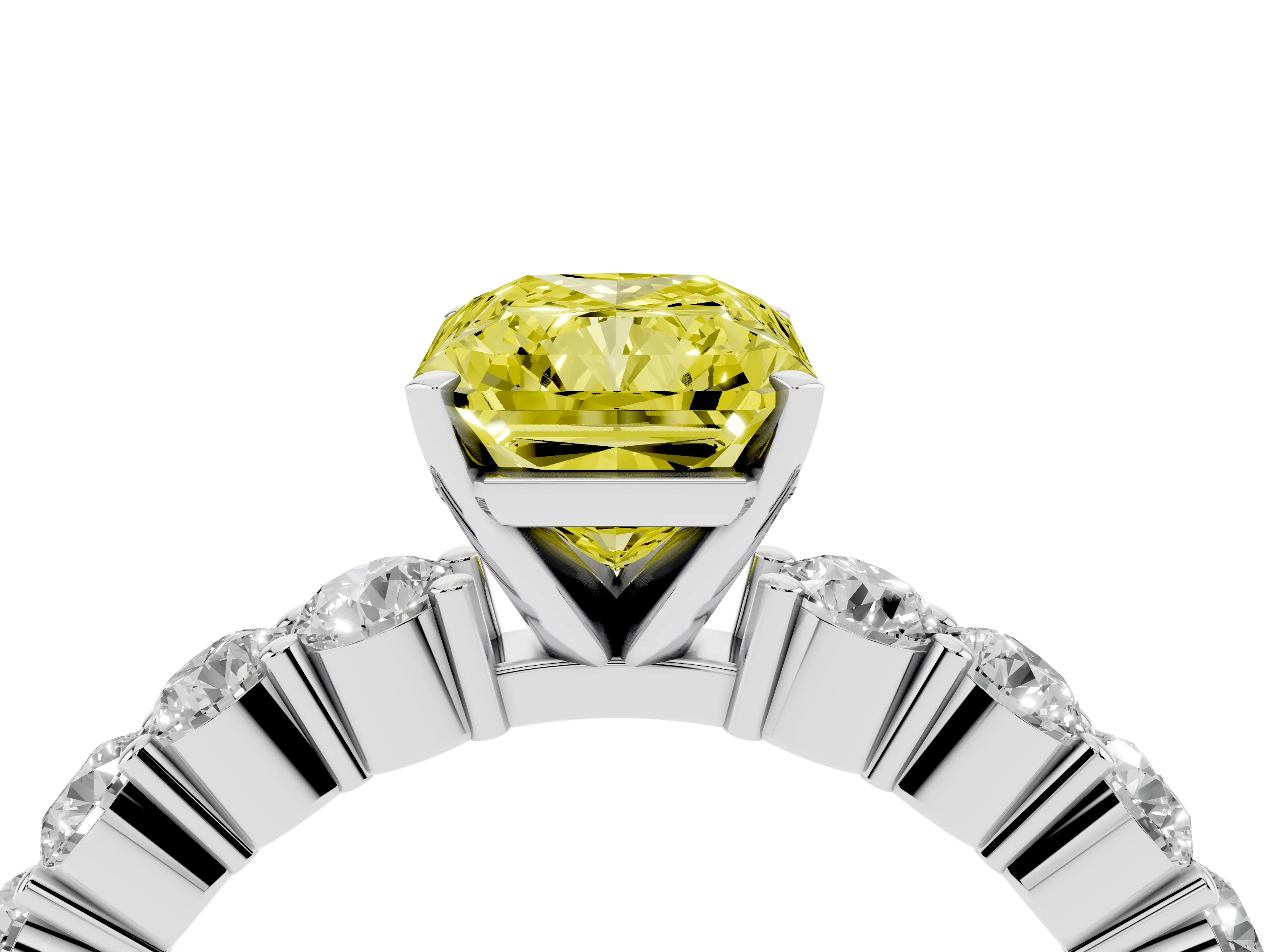Fancy Yellow Radiant Cut Diamond Solitaire Ring Set in Platinum with Shared Prong Round Side Stones
