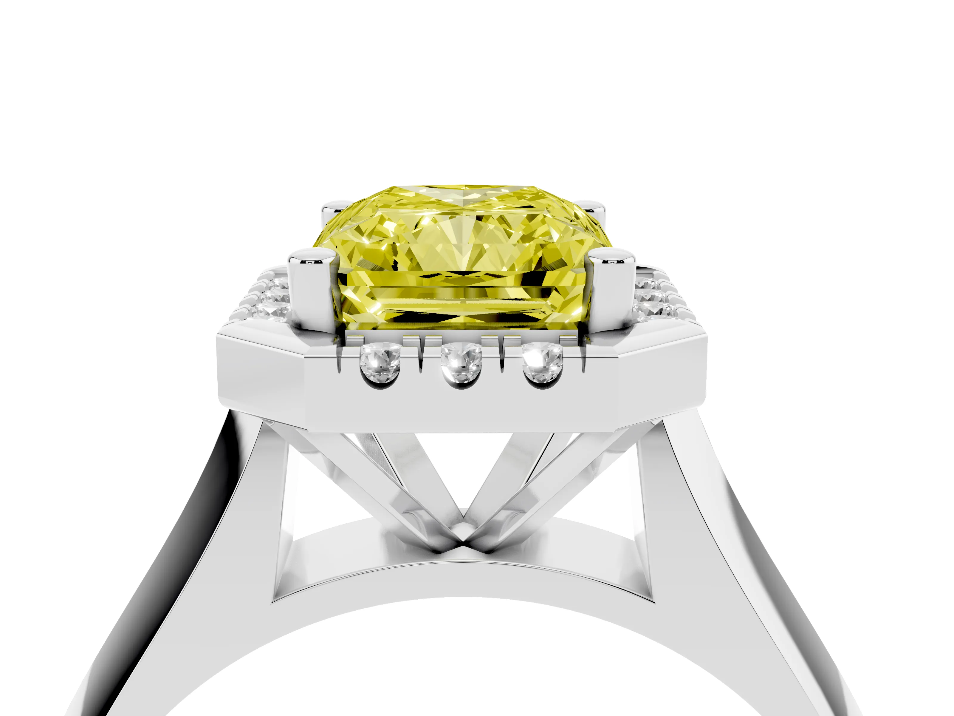 Fancy Yellow Radiant Cut Diamond Halo Solitaire Engagement Ring Set in Platinum with Square Band and Prong Setting