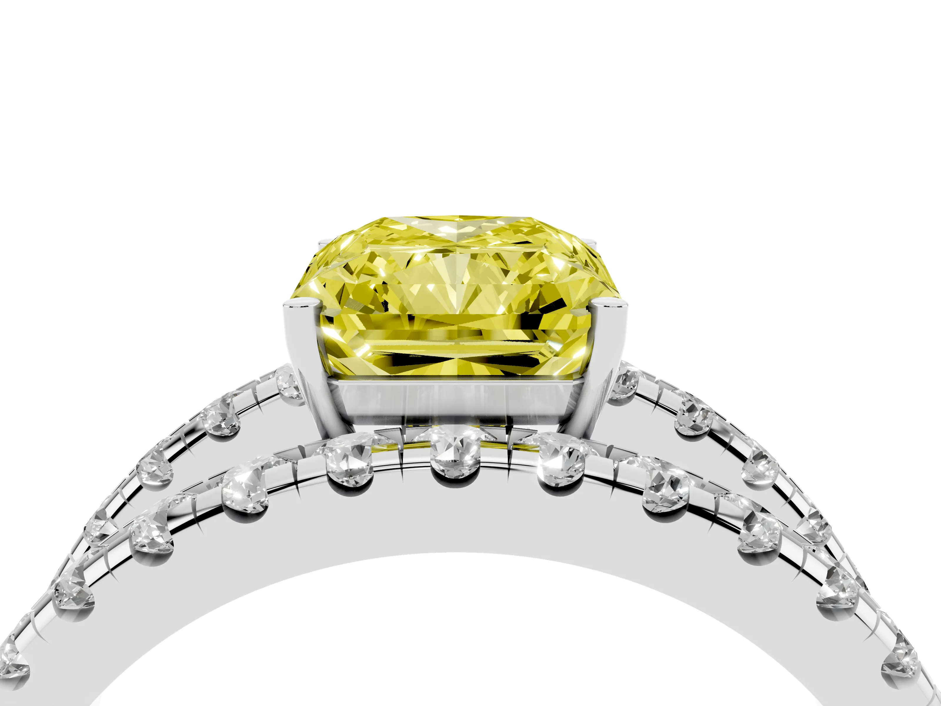 Fancy Yellow Radiant Cut Diamond Split Shank Pavé Solitaire Ring Set in Platinum with Open Shank Design