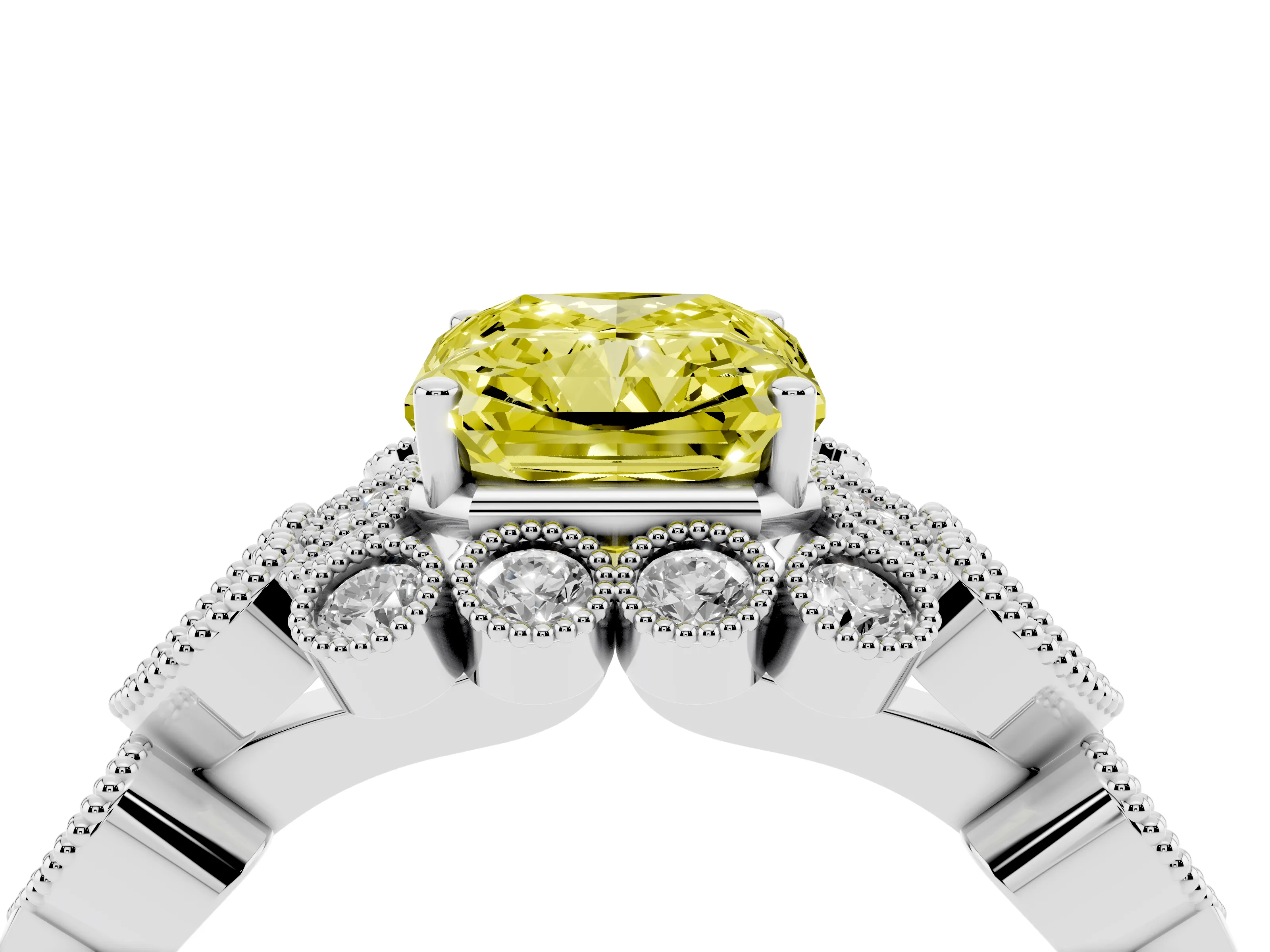 Fancy Yellow Radiant Cut Diamond Solitaire Ring Set in Platinum with Milgrain Pavé Heart Band