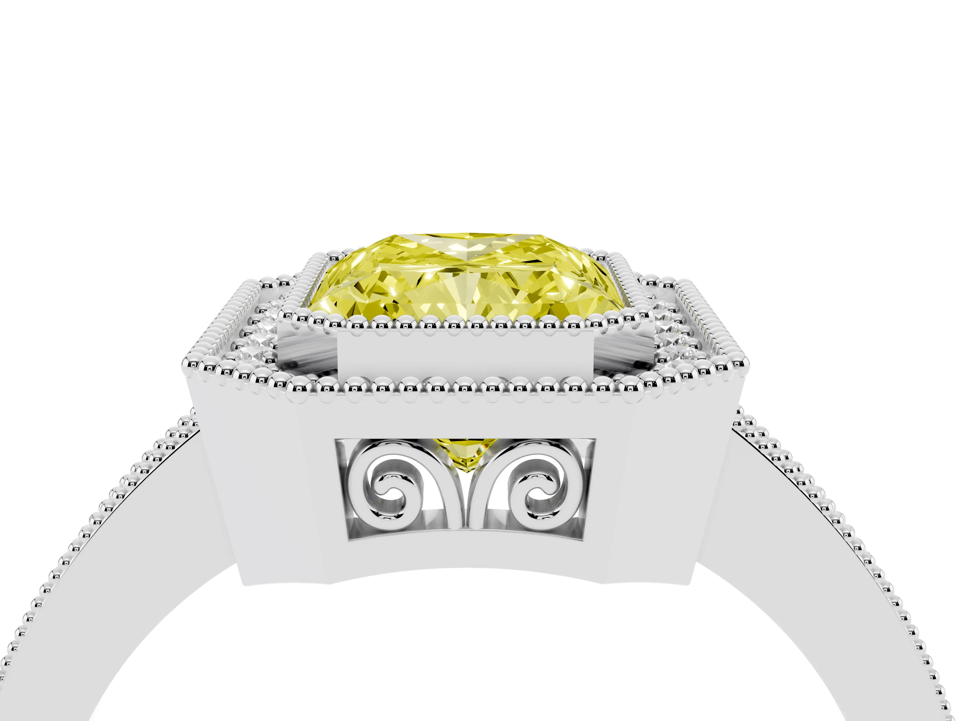 Fancy Yellow Radiant Cut Diamond Halo Ring Set in White gold with Pavé Band and Milgrain-Edged Prongs