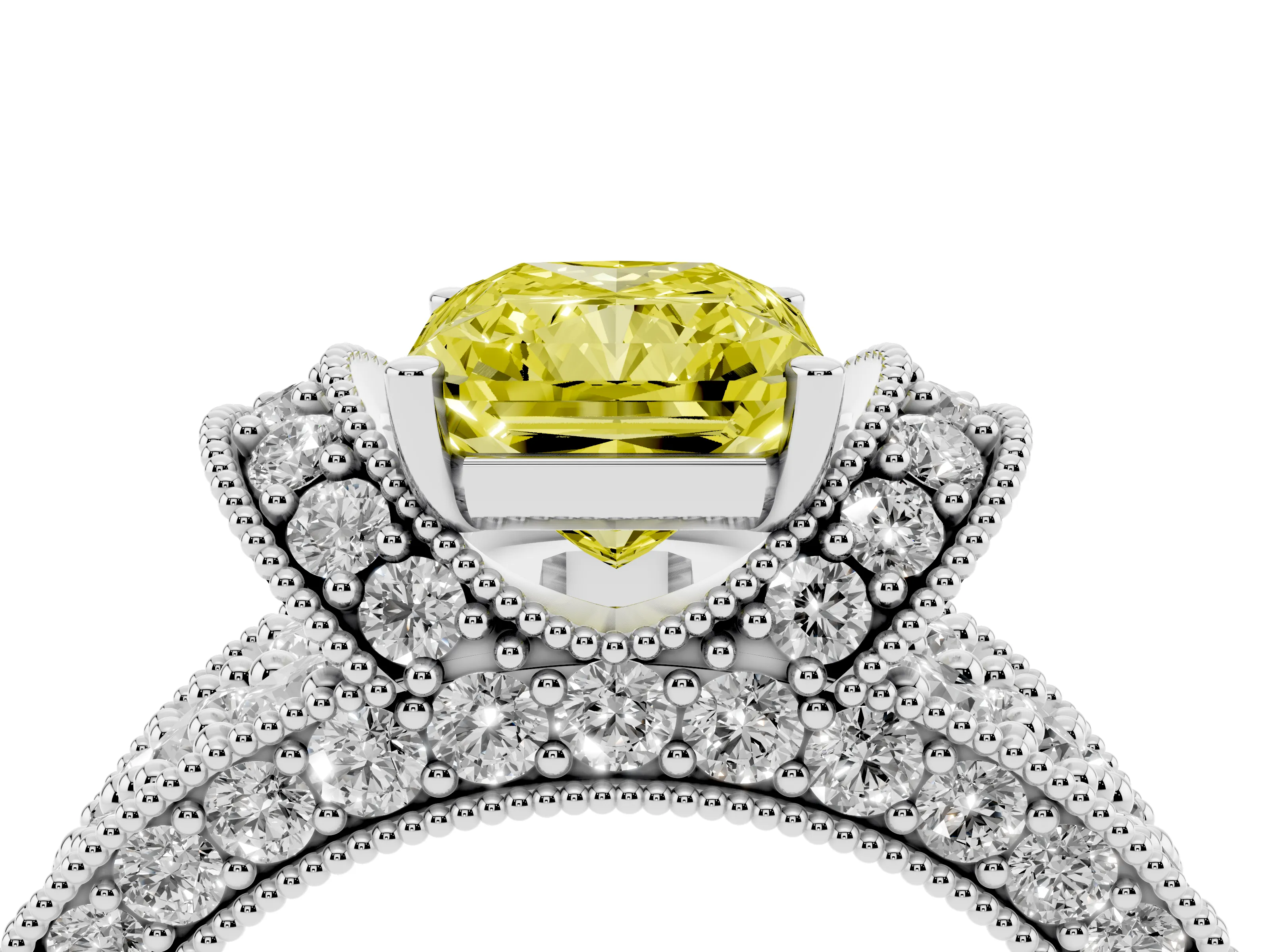 Fancy Yellow Radiant Cut Diamond Milgrain Halo Pavé Engagement Ring Set in White gold with Prong Setting