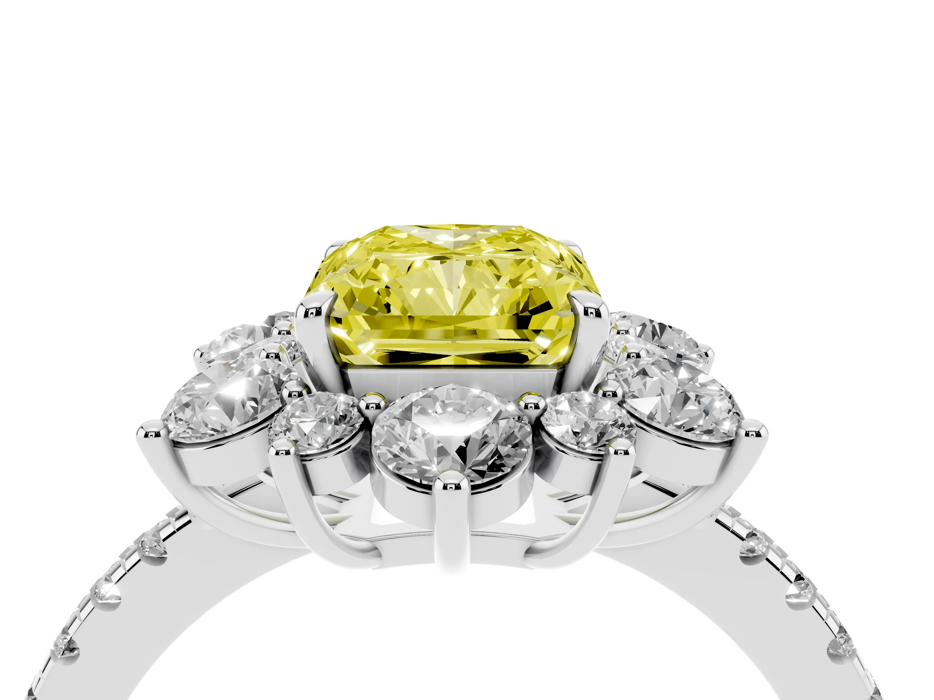 Fancy Yellow Radiant Cut Diamond Floral Halo Ring Set in White gold with Round Pavé Band and Prong Setting