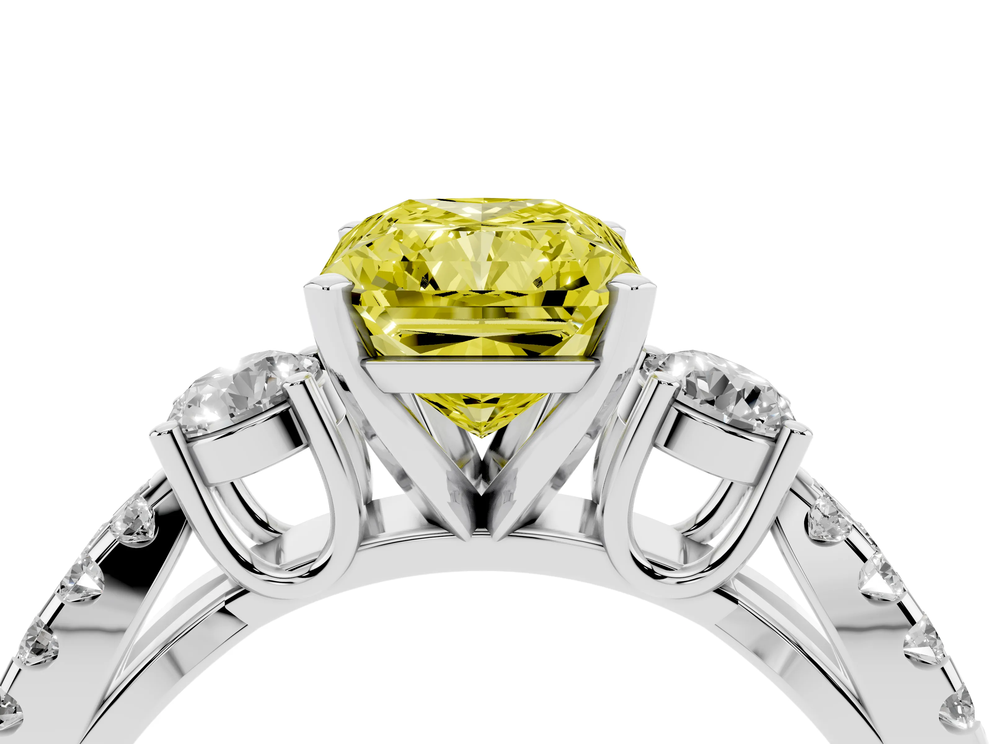 Fancy Yellow Radiant Cut Diamond Three-Stone Ring Set in Silver with Pavé Split Shank and Prong Setting