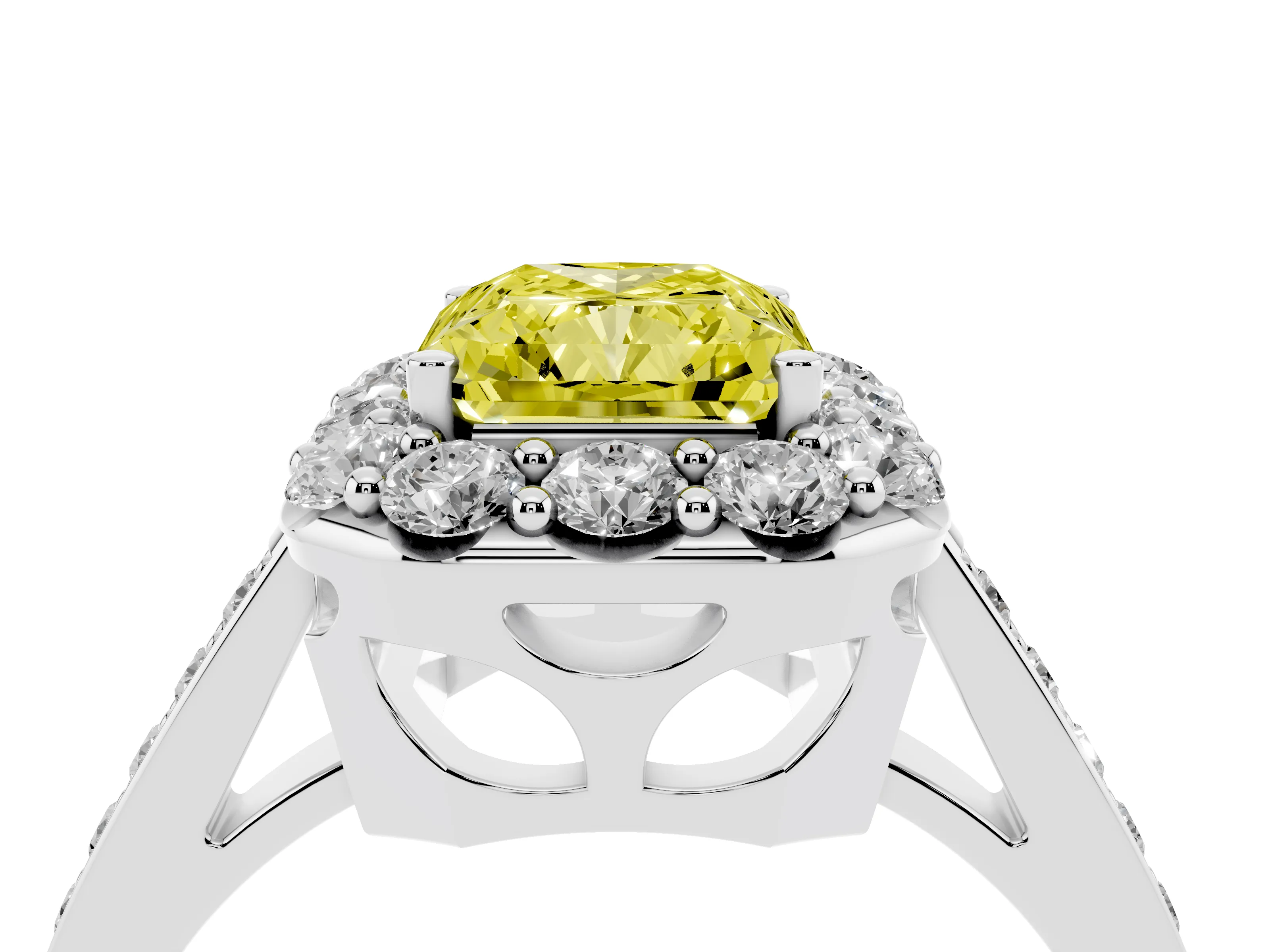 Fancy Yellow Radiant Cut Diamond Floral Halo Ring Set in Platinum with Pavé Band and Prong Setting