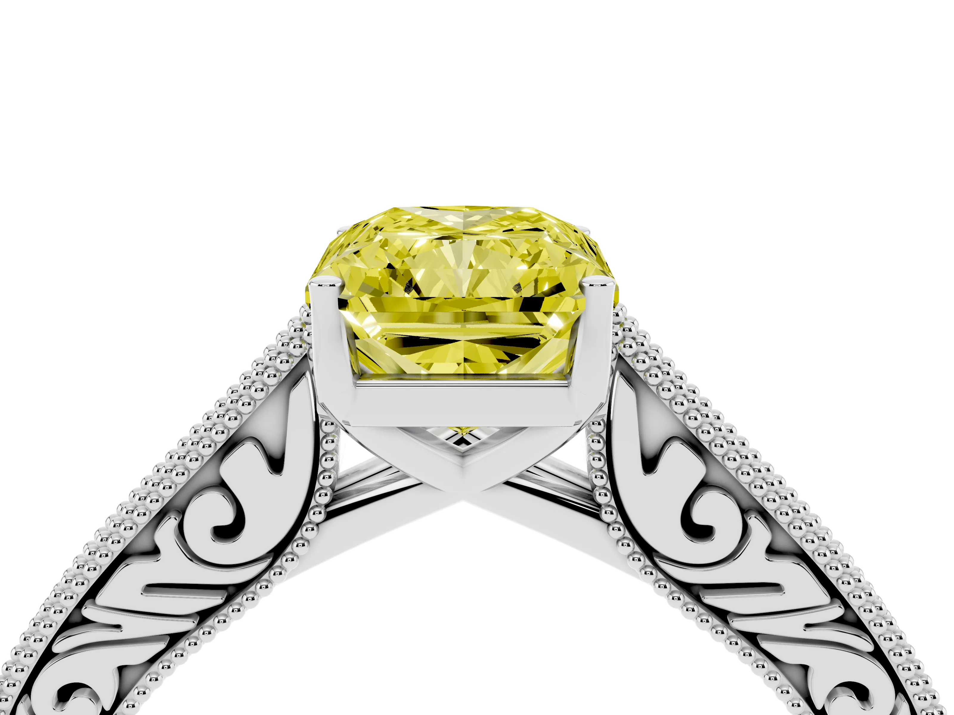 Fancy Yellow Radiant Cut Diamond Milgrain Pavé Band Solitaire Ring Set in Platinum with Prong Setting