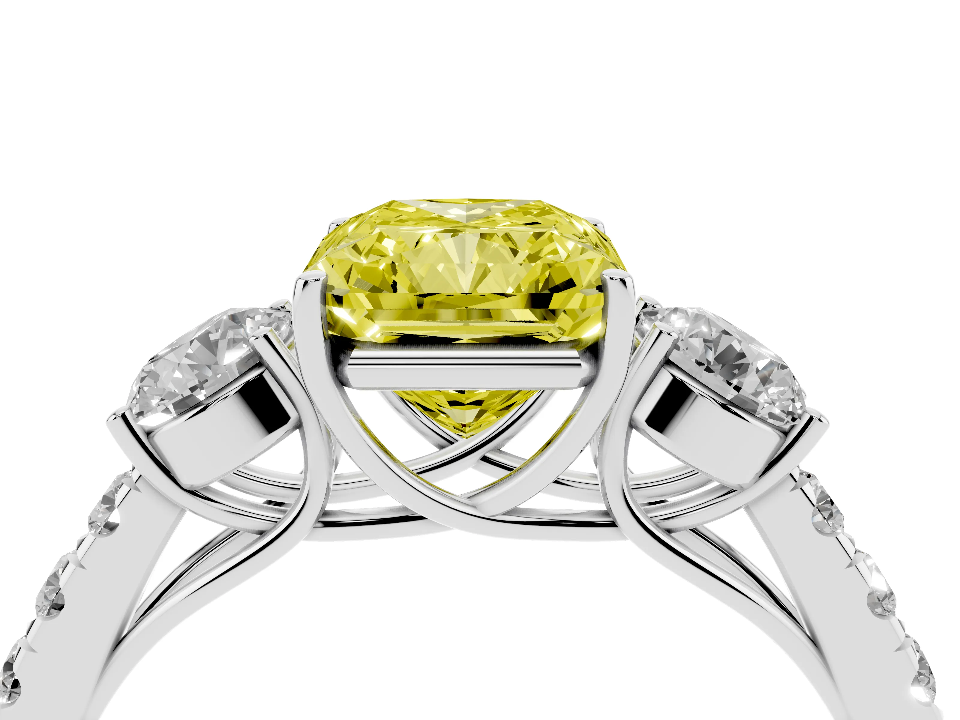 Fancy Yellow Radiant Cut Diamond Three-Stone Ring Set in Silver with Round Side Stones and Delicate Pavé Band