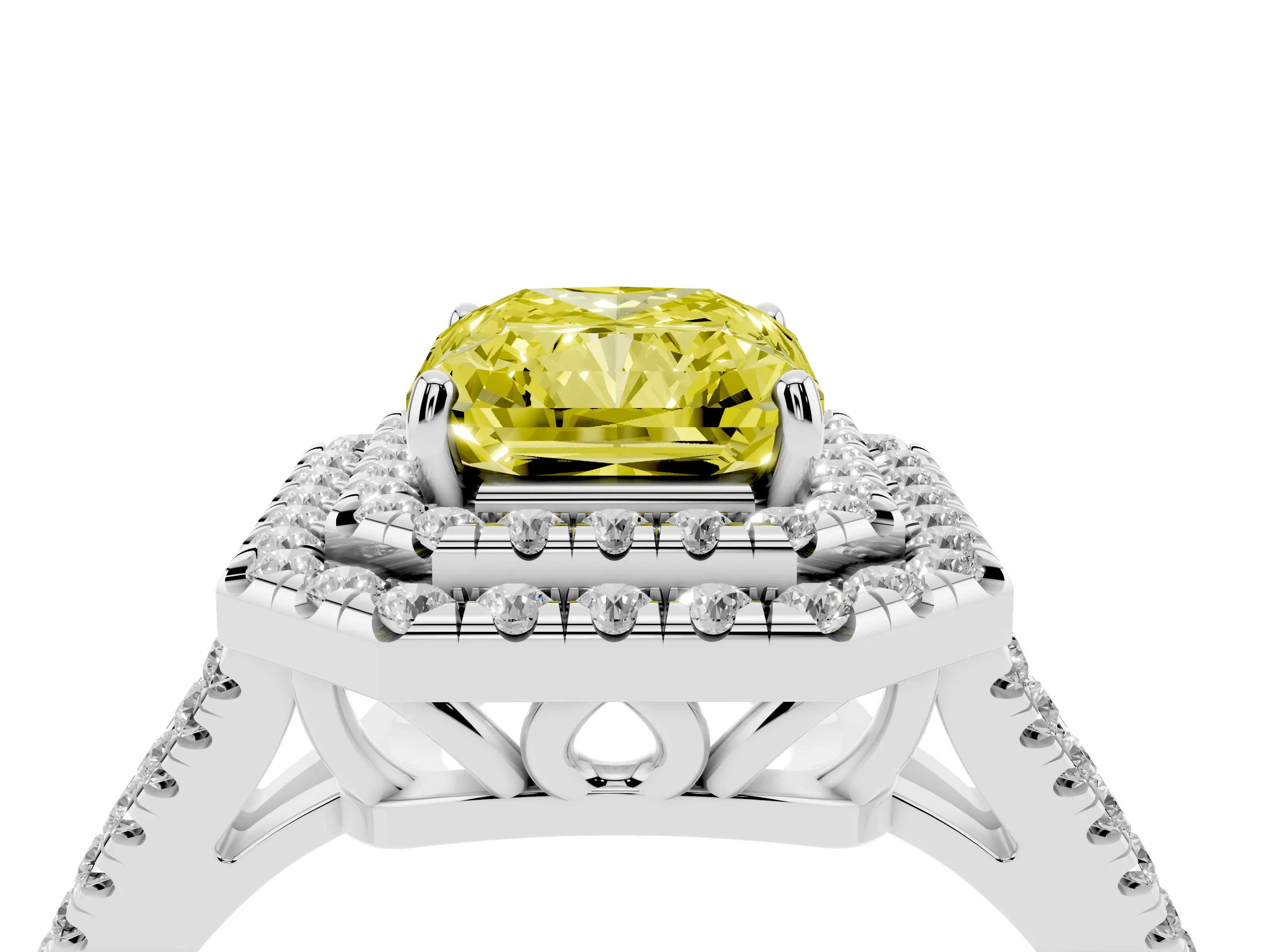 Fancy Yellow Radiant Cut Diamond Double Halo Ring Set in White gold with Pavé Band