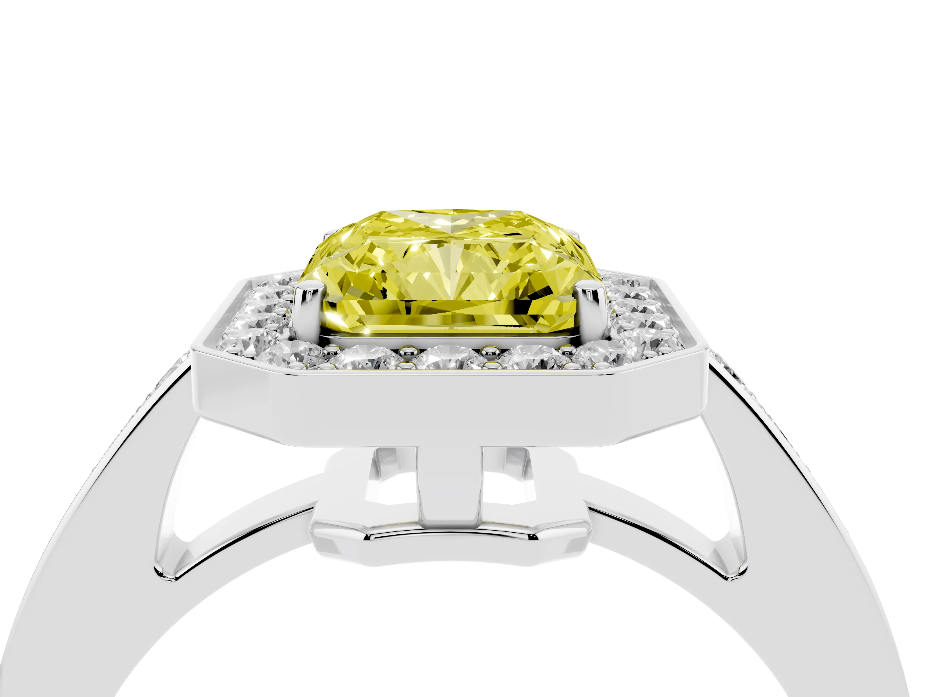 Fancy Yellow Radiant Cut Diamond Halo Pavé Engagement Ring Set in Silver with Bezel Setting