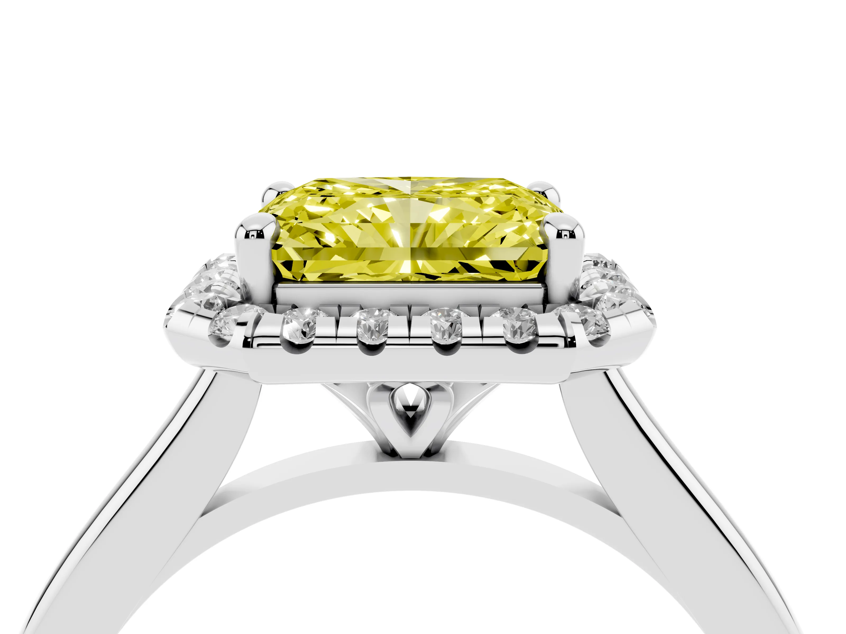 Fancy Yellow Radiant Cut Diamond Halo Engagement Ring Set in White gold with Pavé Band and Rising Shoulders