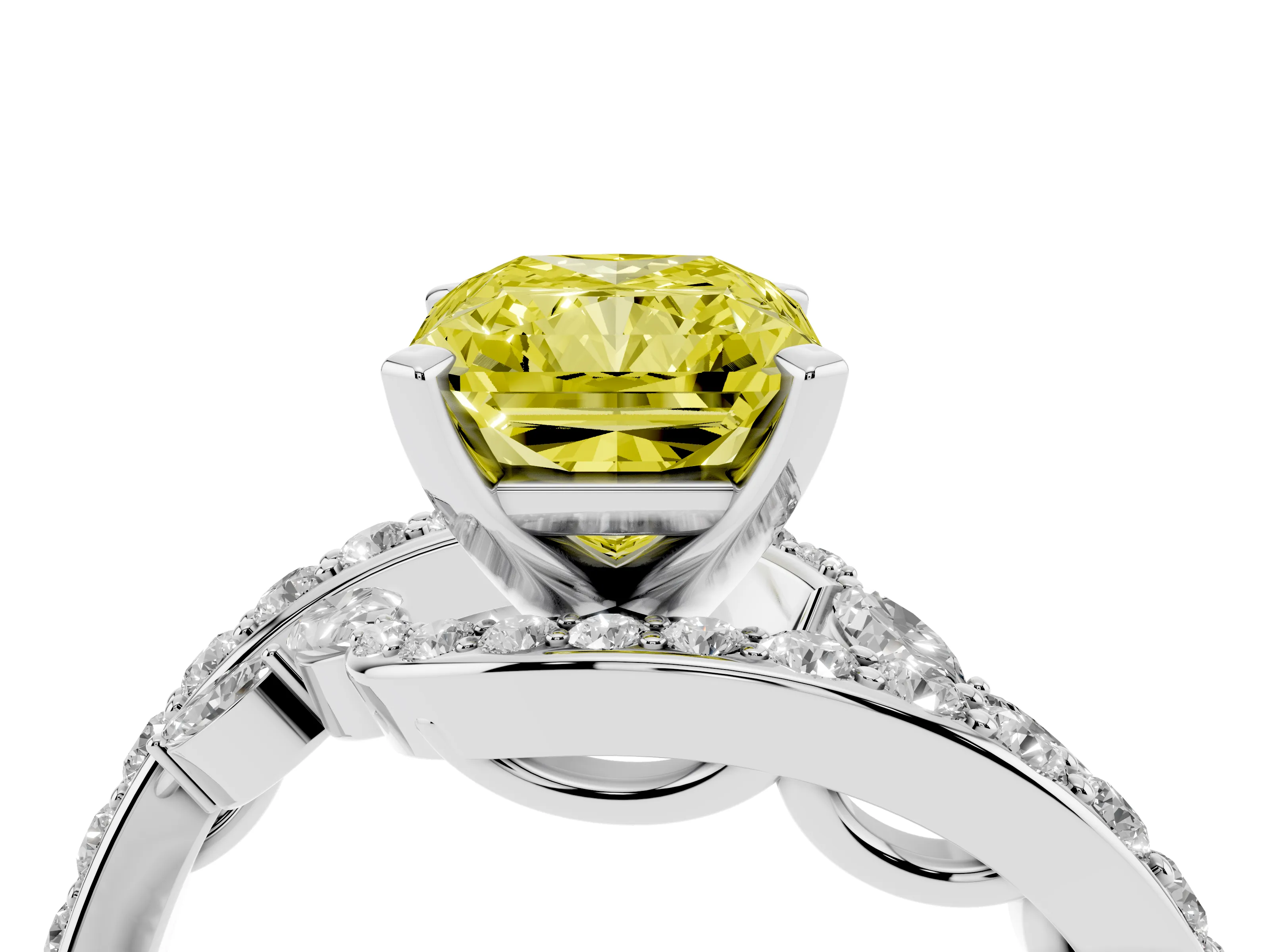 Fancy Yellow Radiant Cut Diamond Solitaire Ring Set in Silver with Pavé Twist Band and Secure Prong Setting
