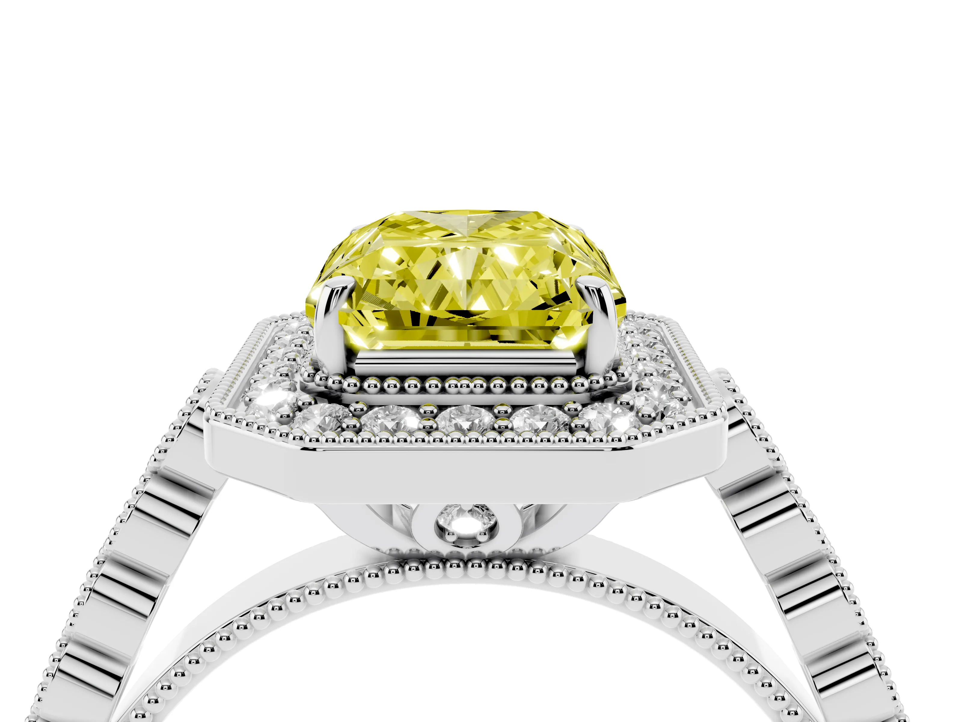 Fancy Yellow Radiant Cut Diamond Milgrain Halo Solitaire Ring Set in White gold with Bezel Set Side Stones and Pavé Band