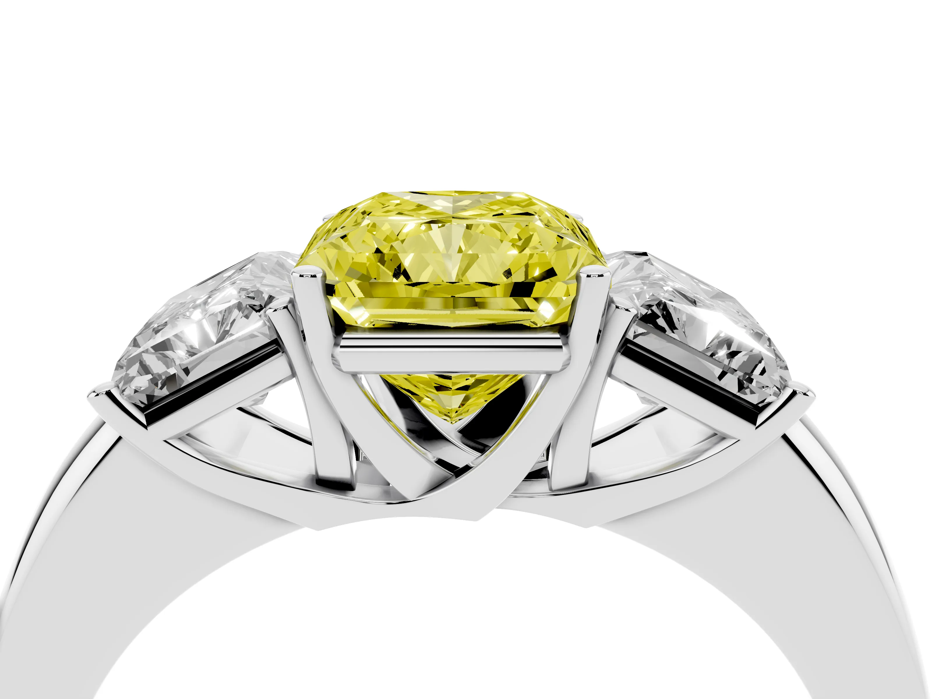 Fancy Yellow Radiant Cut Diamond Three-Stone Ring Set in White gold with Bold Center and Classic Band