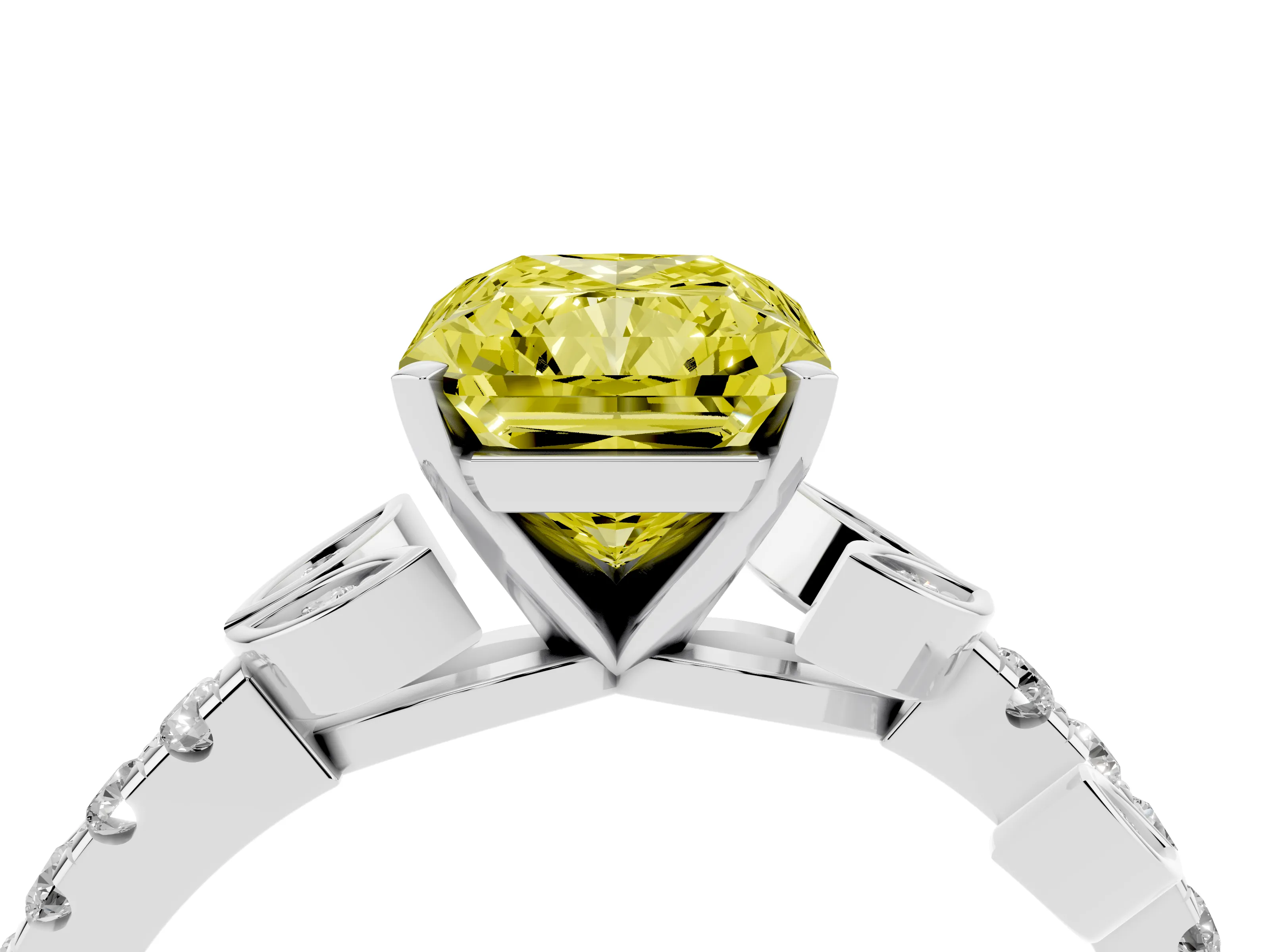 Fancy Yellow Radiant Cut Diamond Solitaire Leaf-Inspired Ring Set in Silver with Pavé Band and Prong Setting