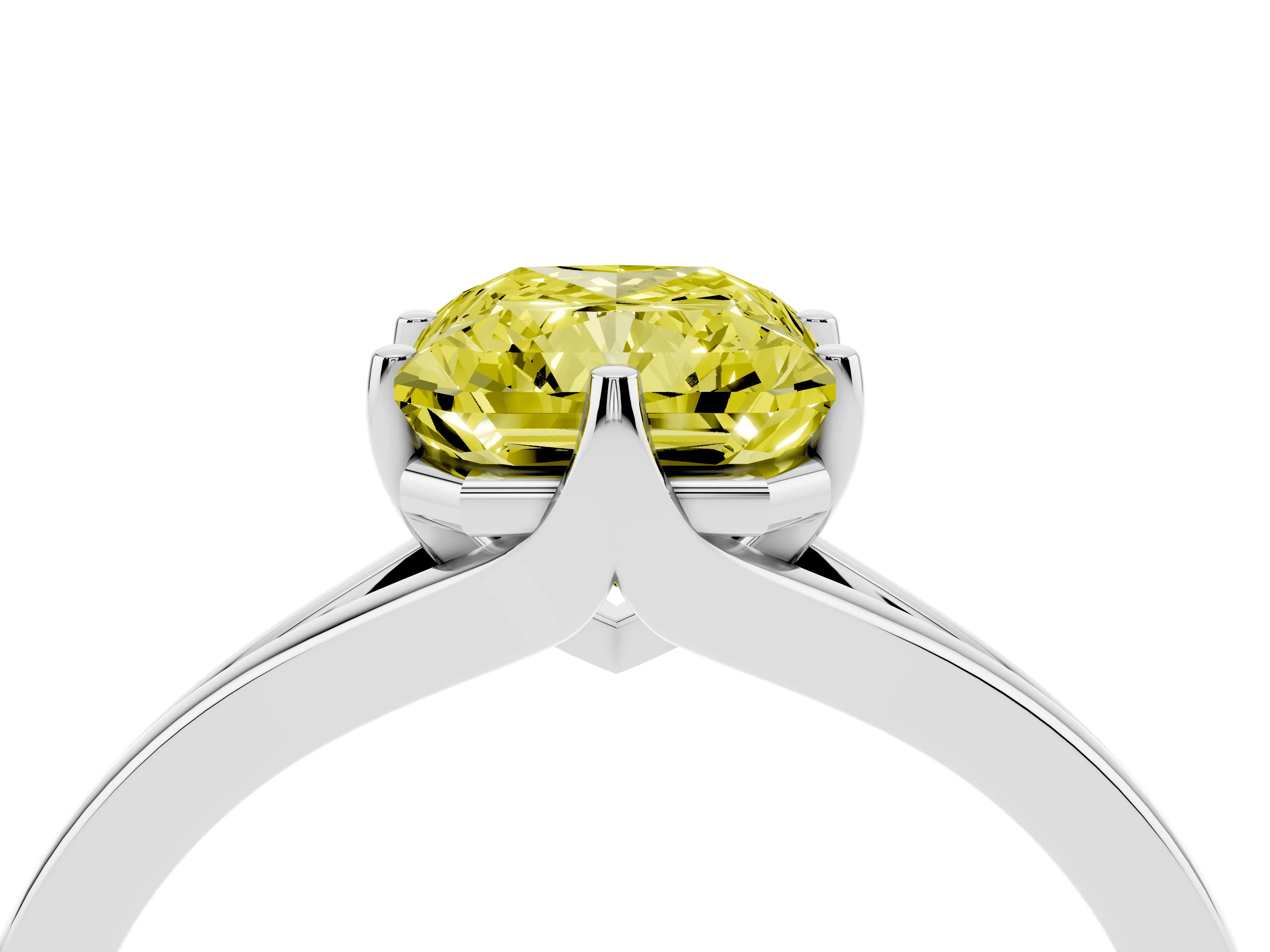 Fancy Yellow Radiant Cut Diamond Solitaire Ring Set in Platinum with Polished Tapered Band and Prong Setting