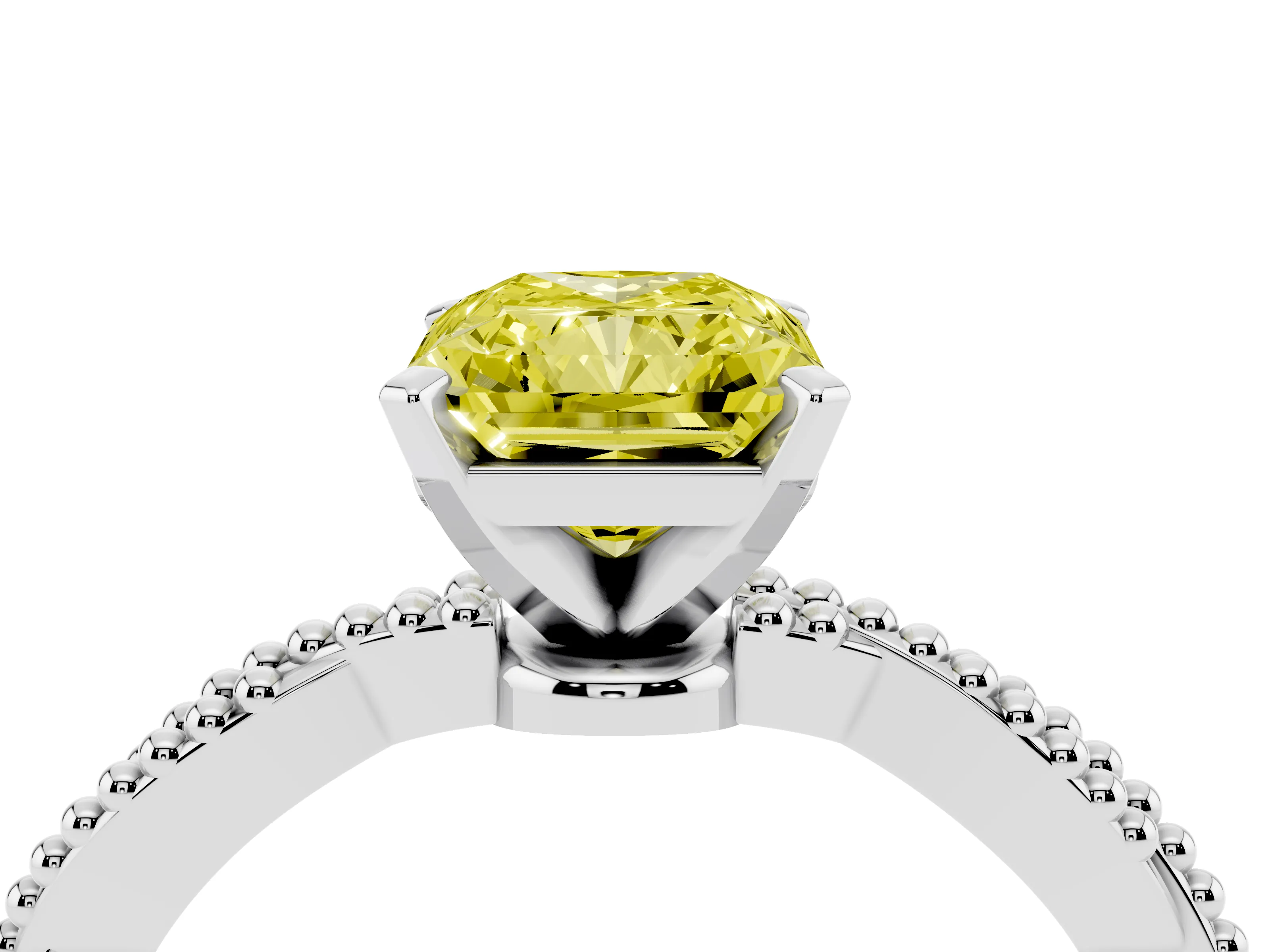 Fancy Yellow Radiant Cut Diamond Solitaire Ring Set in Platinum with Twisted Band and Bead Prong Setting