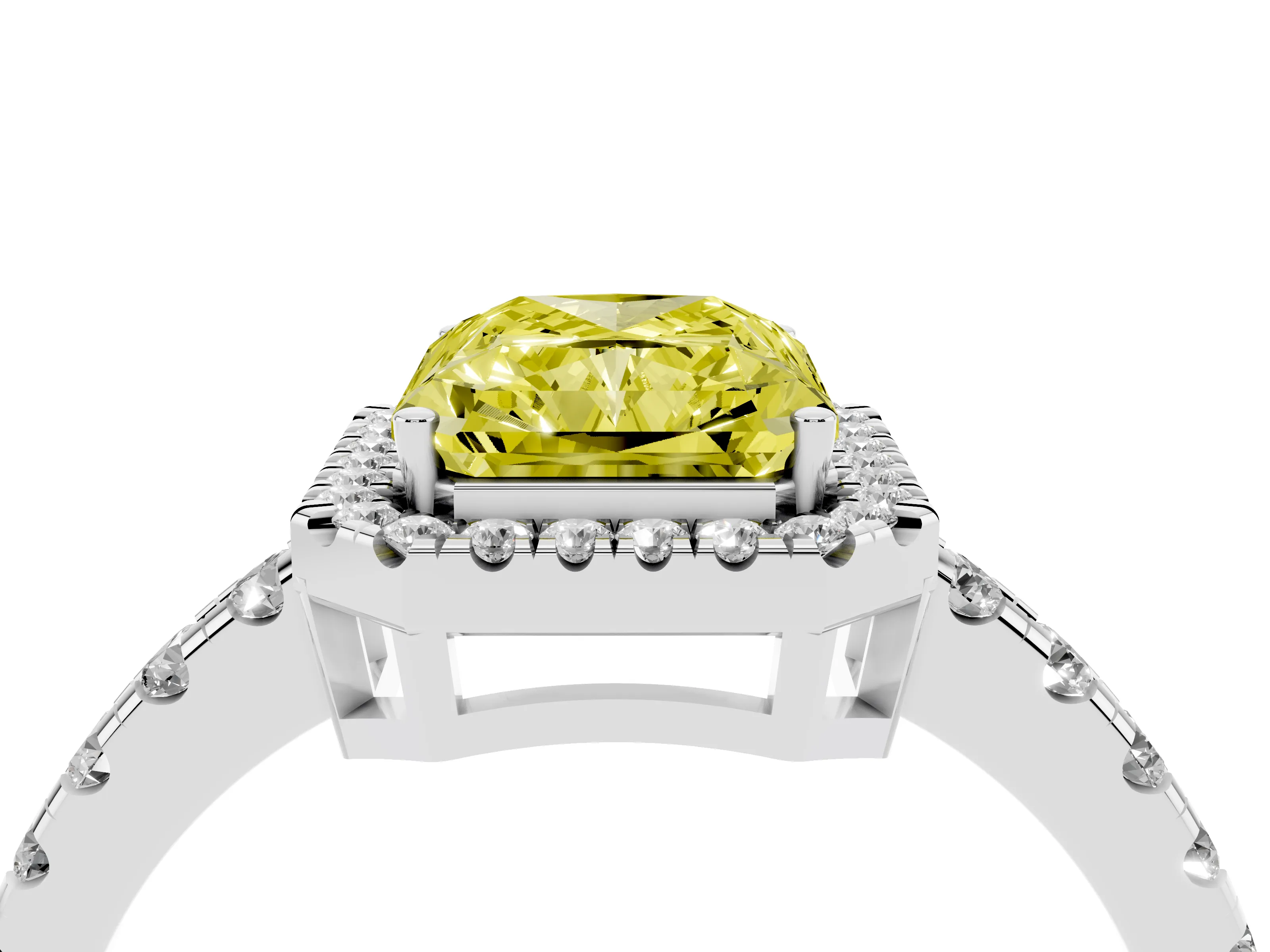 Fancy Yellow Radiant Cut Diamond Halo Ring Set in White gold with Delicate Pavé Band and Prong Setting