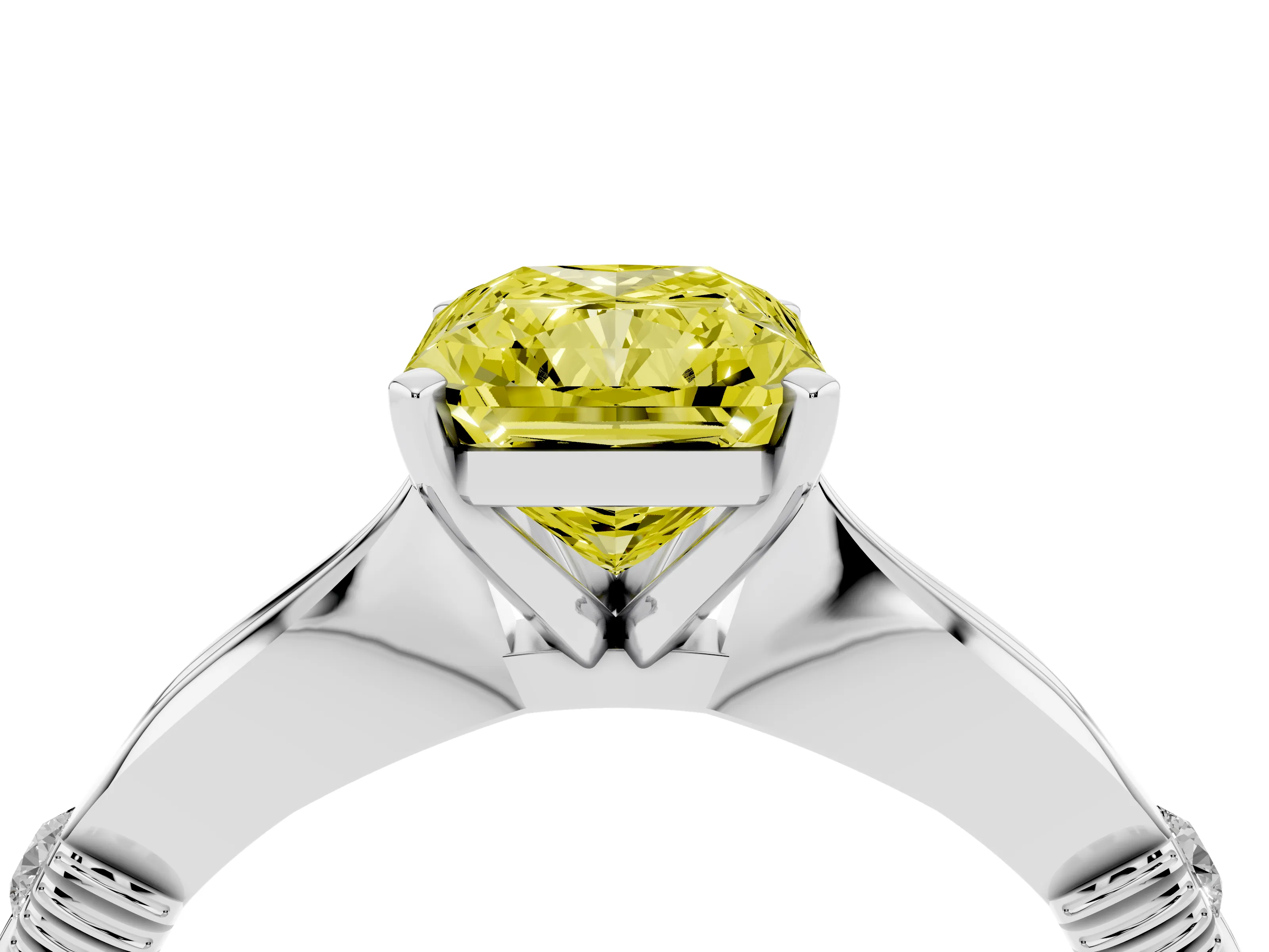 Fancy Yellow Radiant Cut Diamond Solitaire Twisted Band Ring Set in White gold with Accent Stones and Prong Setting