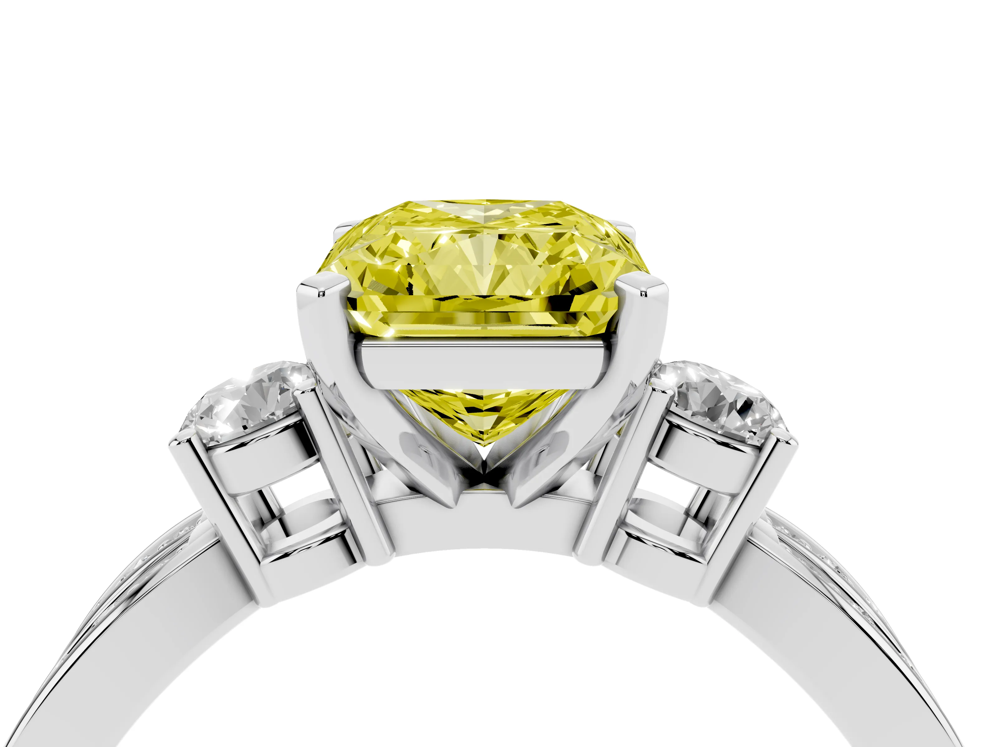 Fancy Yellow Three-Stone Radiant Cut Diamond Twist Band Ring Set in Platinum with Pavé Accents and Prong Setting