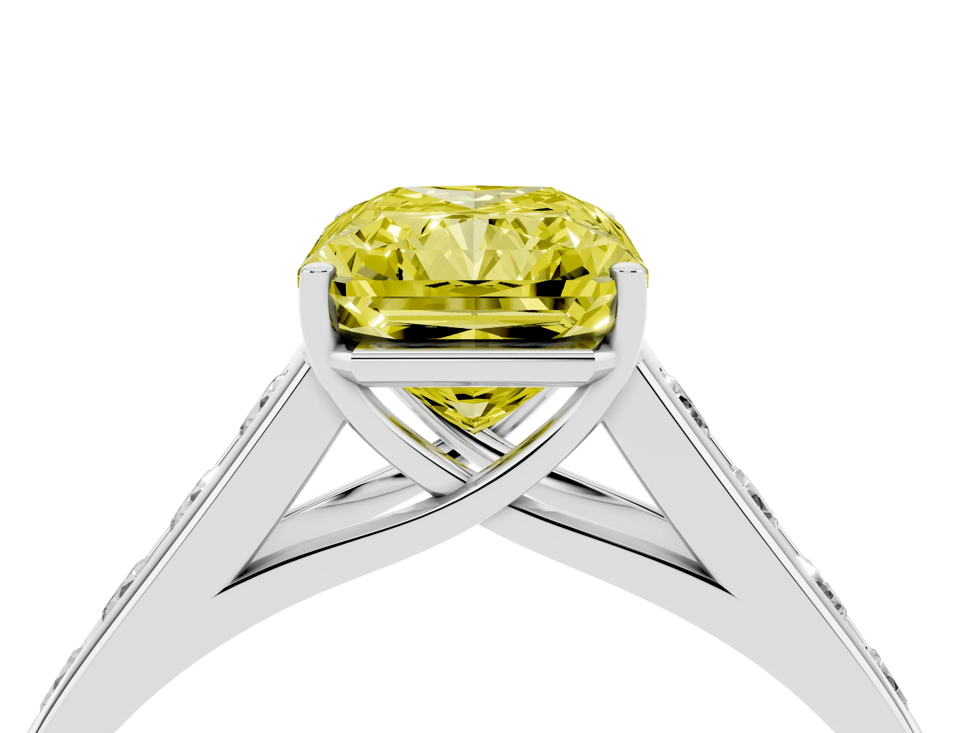 Fancy Yellow Radiant Cut Diamond Brilliant Channel-Set Solitaire Ring Set in White gold with Prong Setting