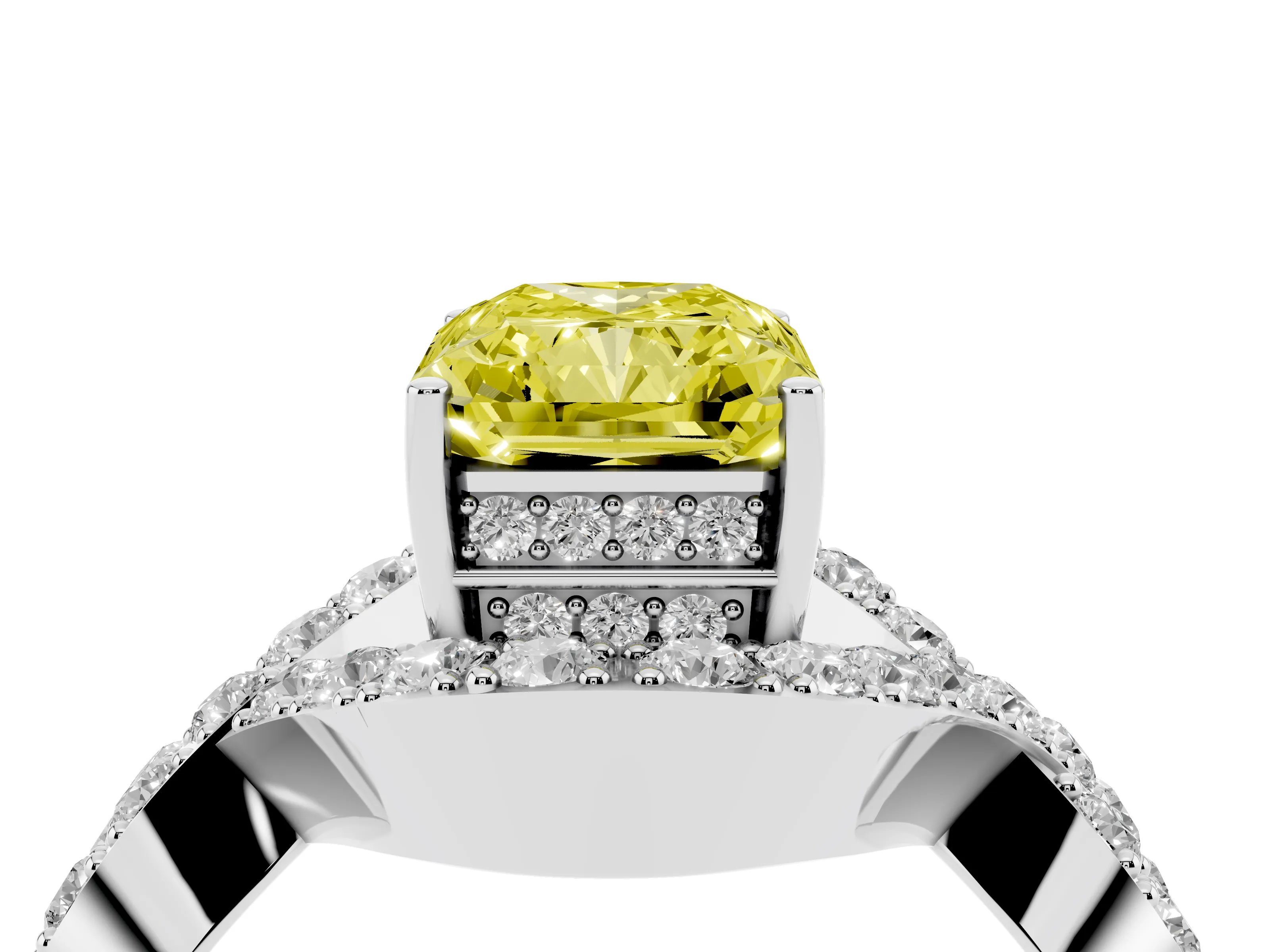 Fancy Yellow Radiant Cut Diamond Solitaire Twist Band Pavé Engagement Ring Set in Silver