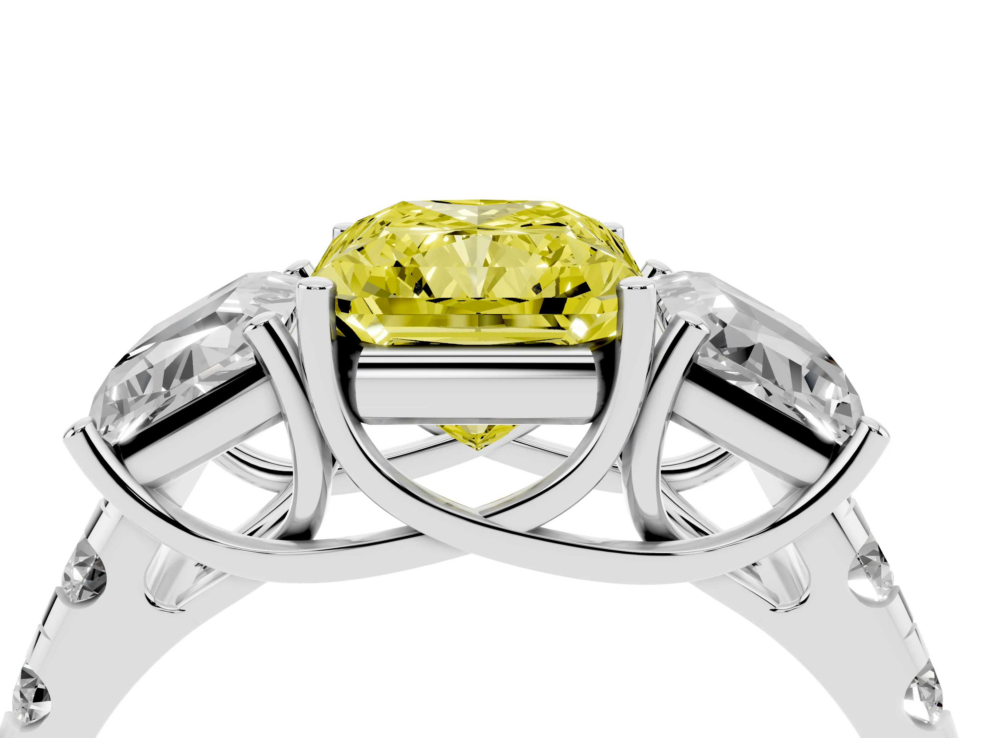 Fancy Yellow Radiant Cut Diamond Three-Stone Ring Set in Platinum with Pavé Band