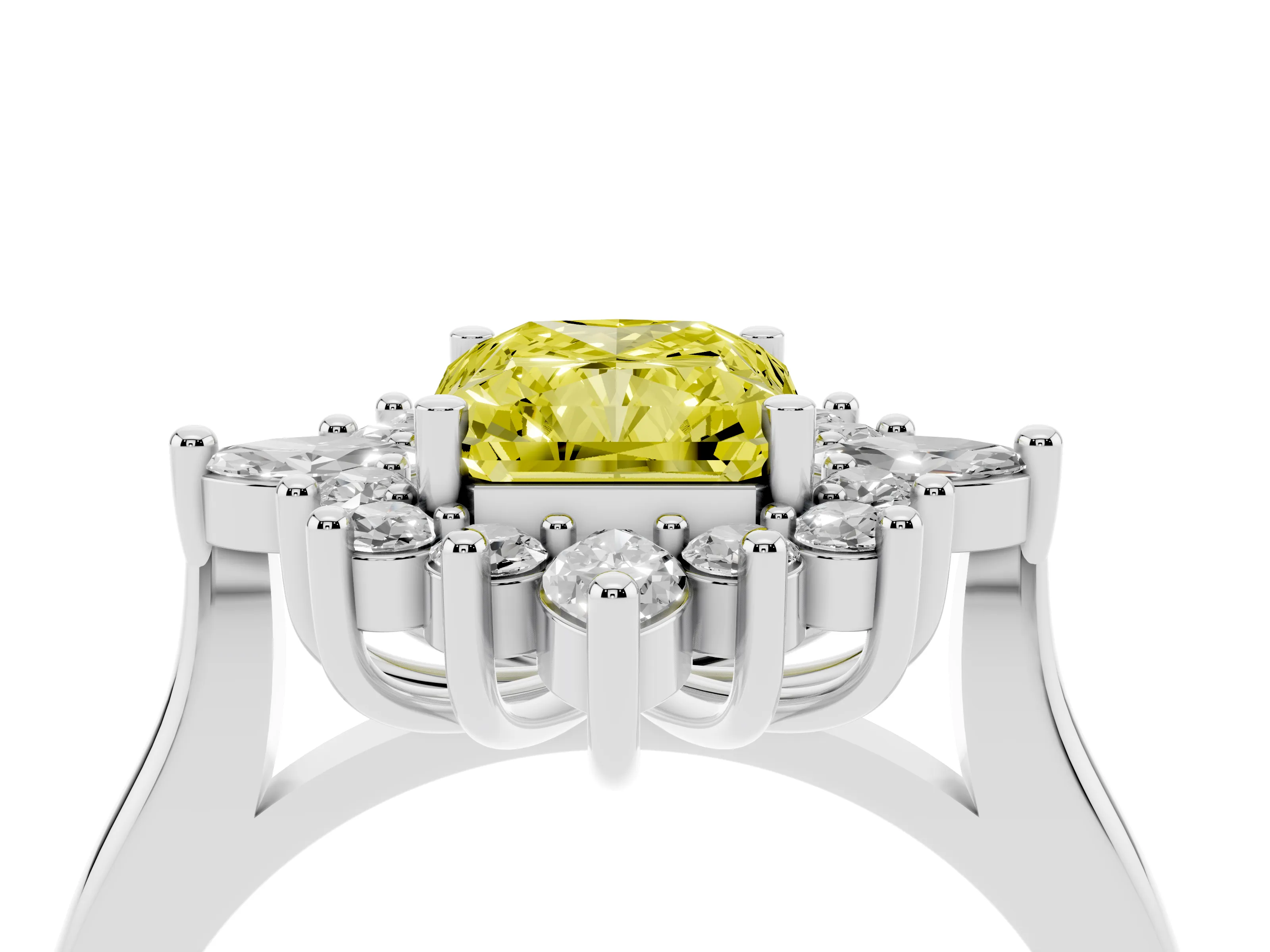Fancy Yellow Radiant Cut Diamond Cluster Halo Ring Set in Platinum with Marquise and Round Accents