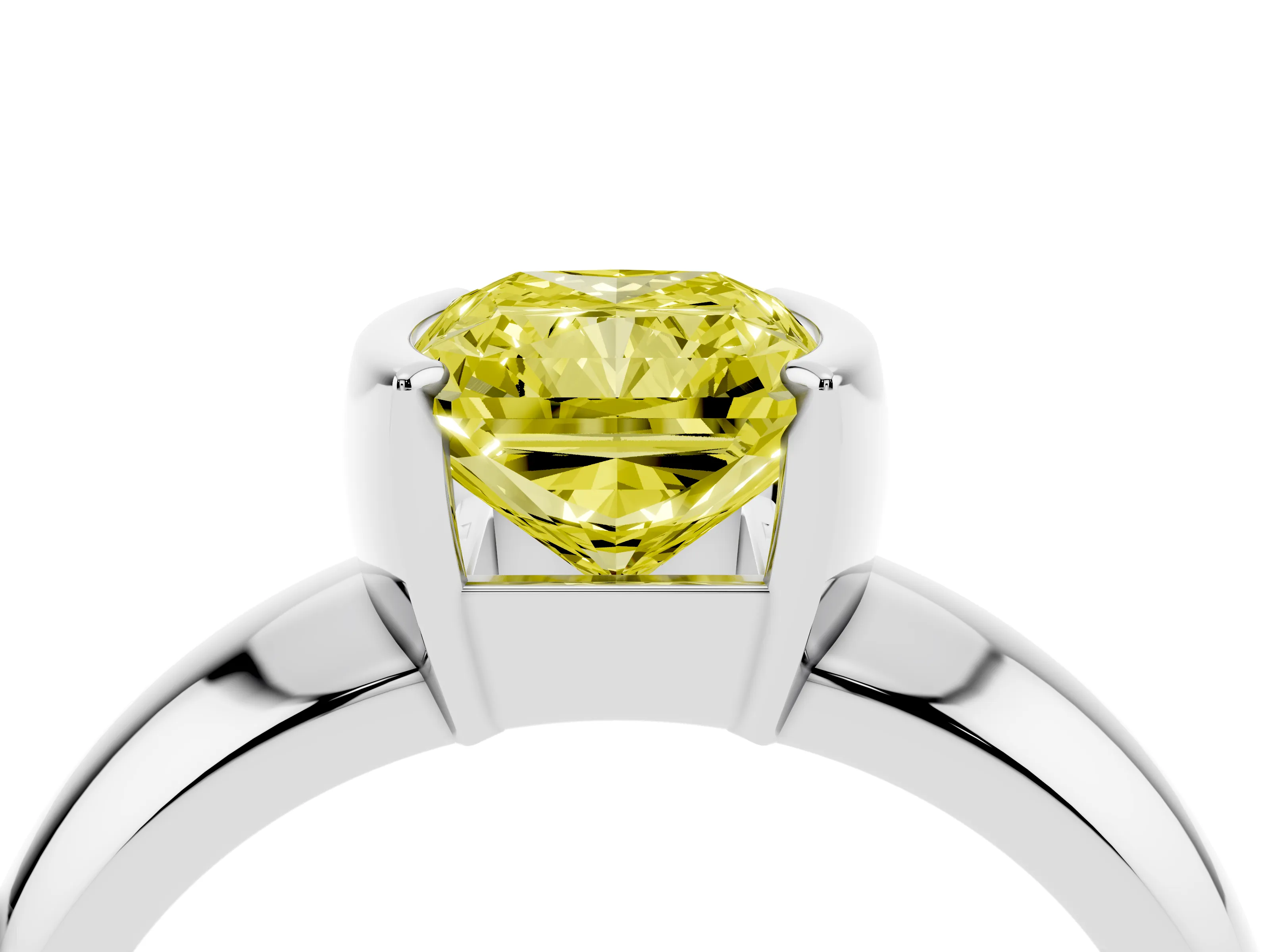 Fancy Yellow Radiant Cut Diamond Solitaire Tension Set Ring Set in White gold with Wide Band