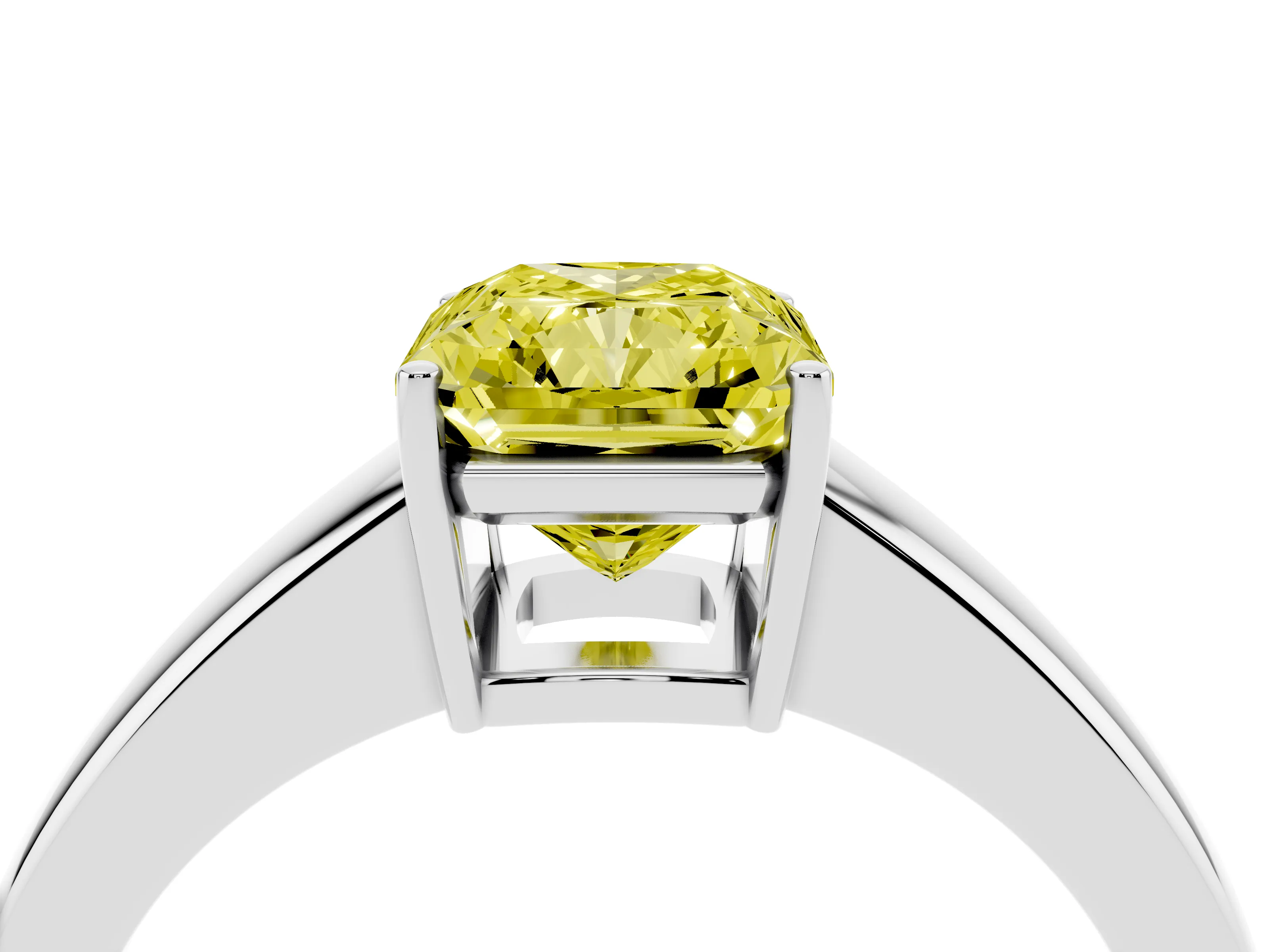 Fancy Yellow Radiant Cut Diamond Solitaire Ring Set in White gold with Tapered Band and Prong Setting